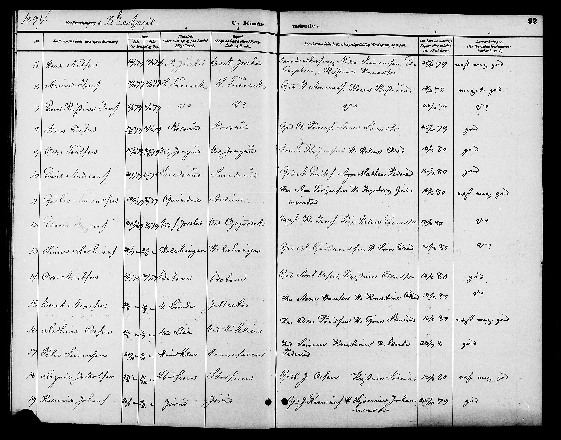 Fåberg prestekontor, AV/SAH-PREST-086/H/Ha/Hab/L0010: Klokkerbok nr. 10, 1892-1900, s. 92