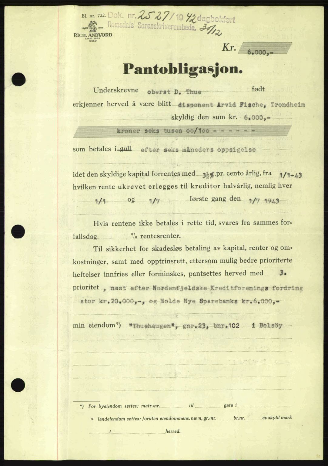 Romsdal sorenskriveri, SAT/A-4149/1/2/2C: Pantebok nr. B2, 1939-1945, Dagboknr: 2527/1942