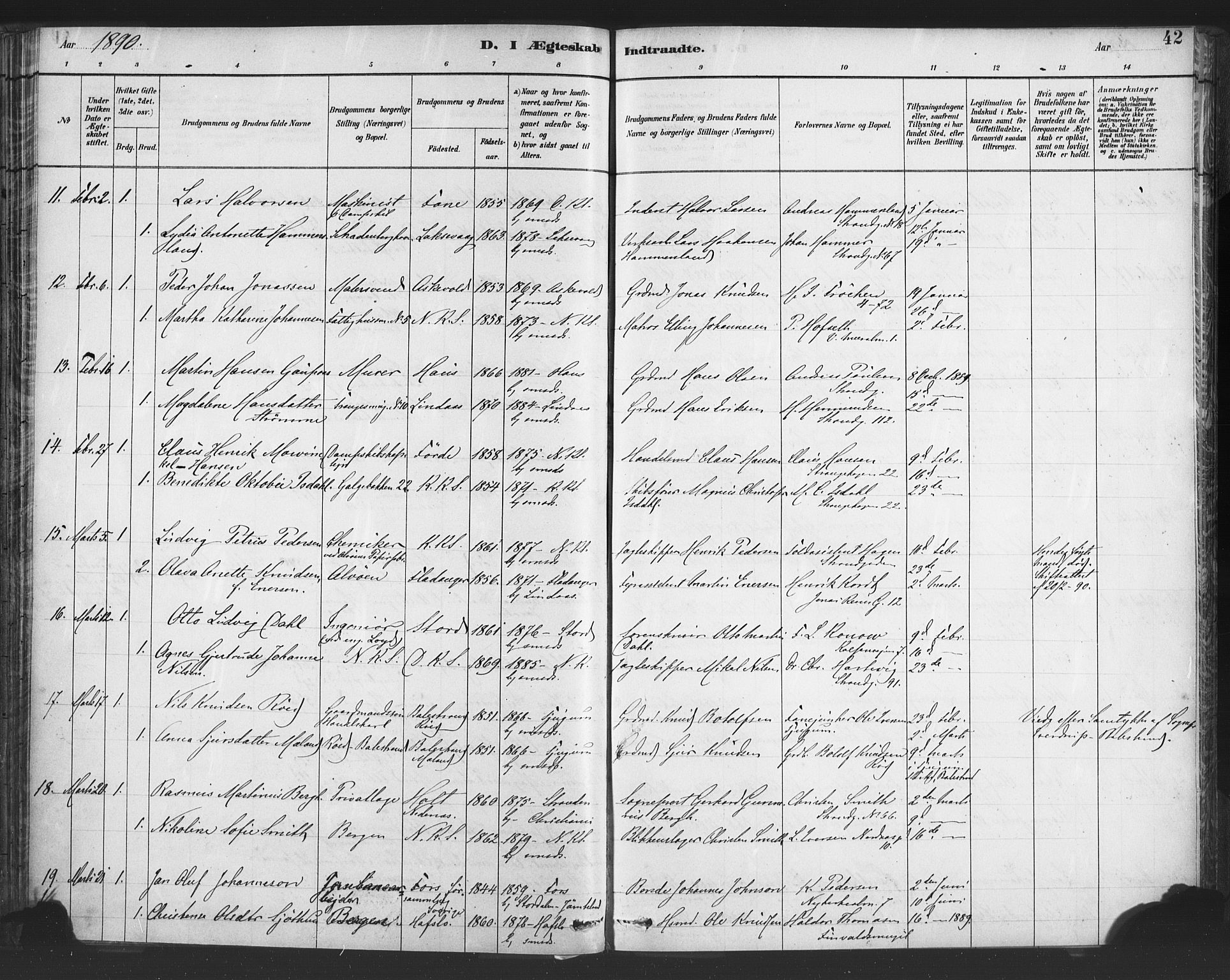 Nykirken Sokneprestembete, AV/SAB-A-77101/H/Haa/L0033: Ministerialbok nr. D 3, 1884-1895, s. 42
