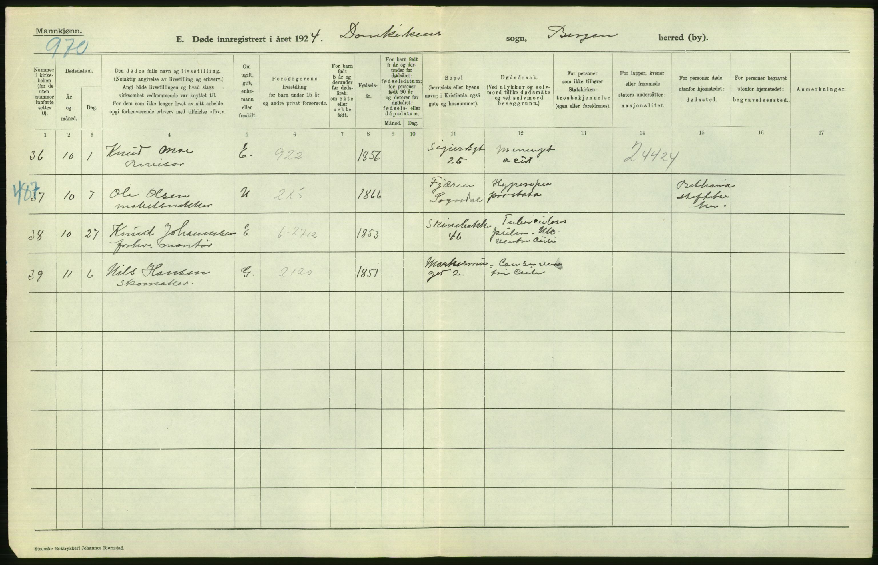 Statistisk sentralbyrå, Sosiodemografiske emner, Befolkning, AV/RA-S-2228/D/Df/Dfc/Dfcd/L0028: Bergen: Gifte, døde., 1924, s. 380