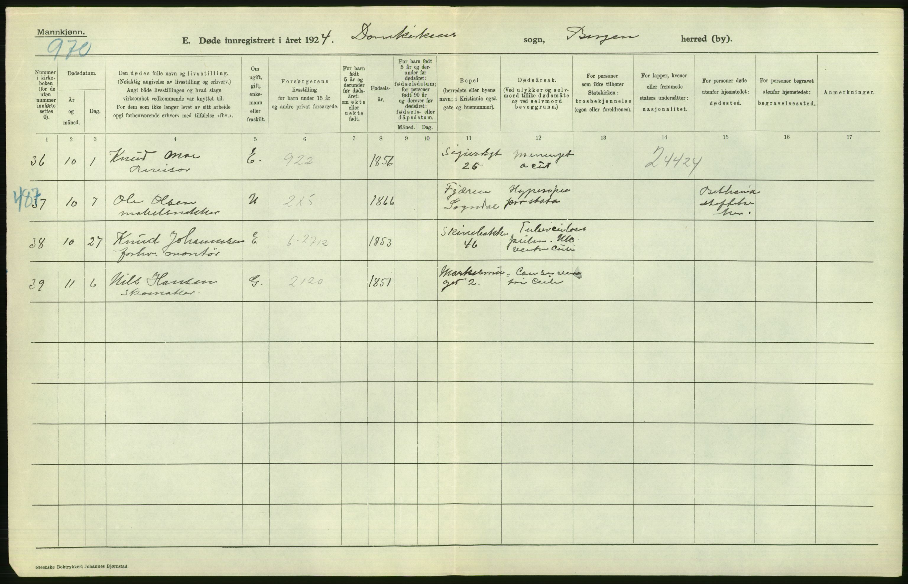 Statistisk sentralbyrå, Sosiodemografiske emner, Befolkning, RA/S-2228/D/Df/Dfc/Dfcd/L0028: Bergen: Gifte, døde., 1924, s. 380