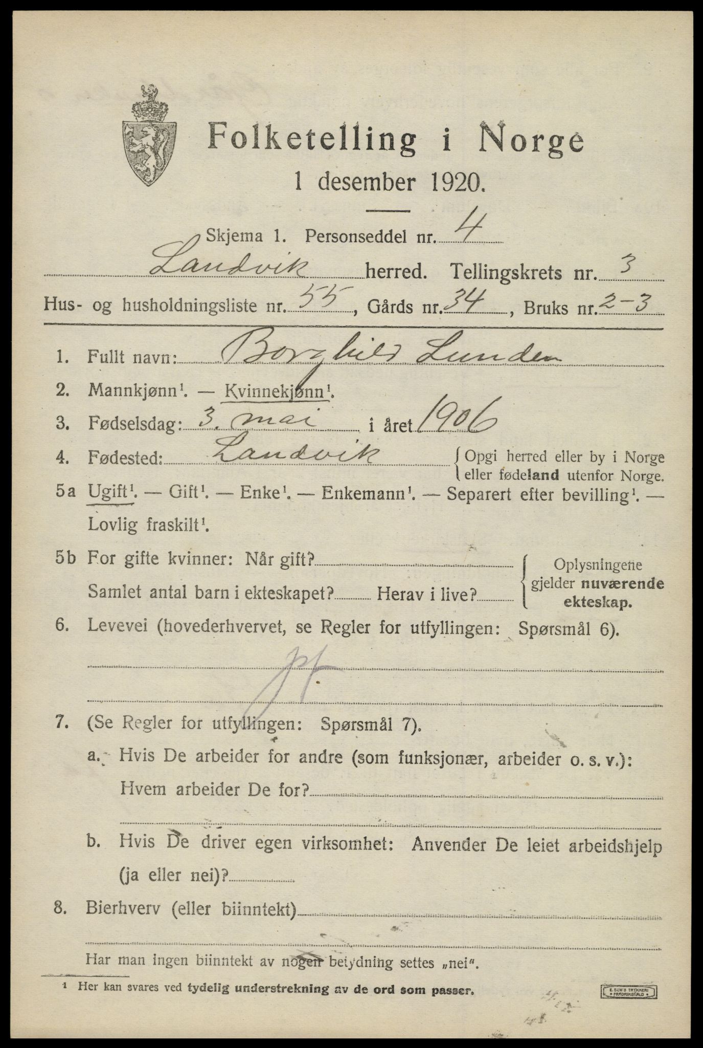 SAK, Folketelling 1920 for 0924 Landvik herred, 1920, s. 3422