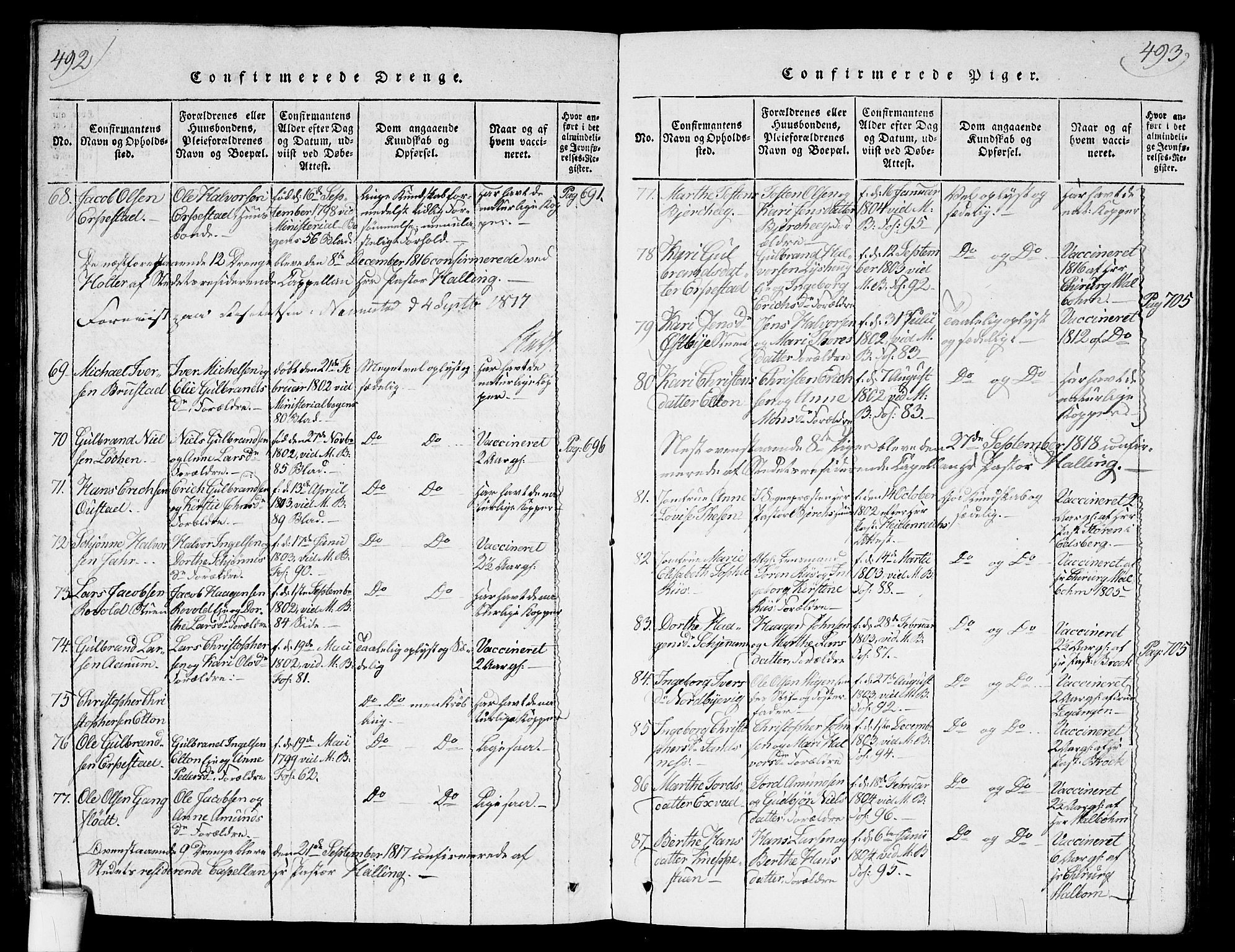 Nannestad prestekontor Kirkebøker, SAO/A-10414a/G/Ga/L0001: Klokkerbok nr. I 1, 1815-1839, s. 492-493