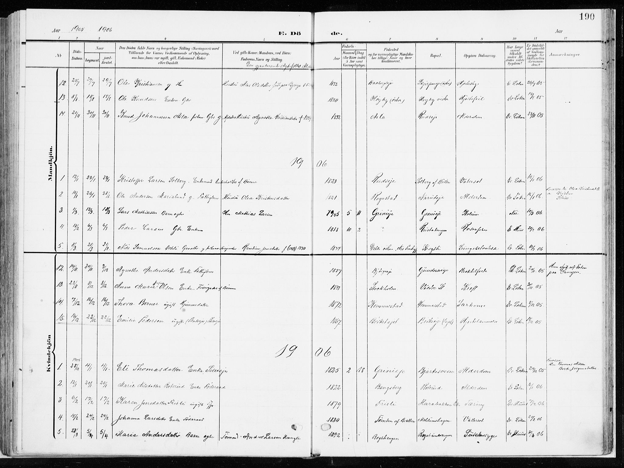 Ringsaker prestekontor, AV/SAH-PREST-014/K/Ka/L0019: Ministerialbok nr. 19, 1905-1920, s. 190