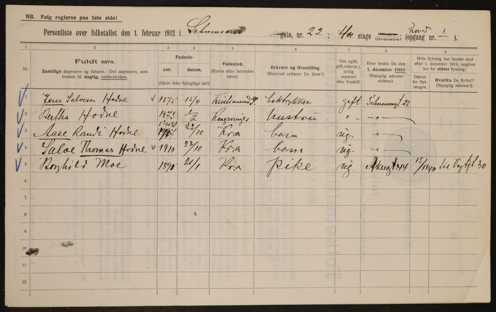 OBA, Kommunal folketelling 1.2.1912 for Kristiania, 1912, s. 93136