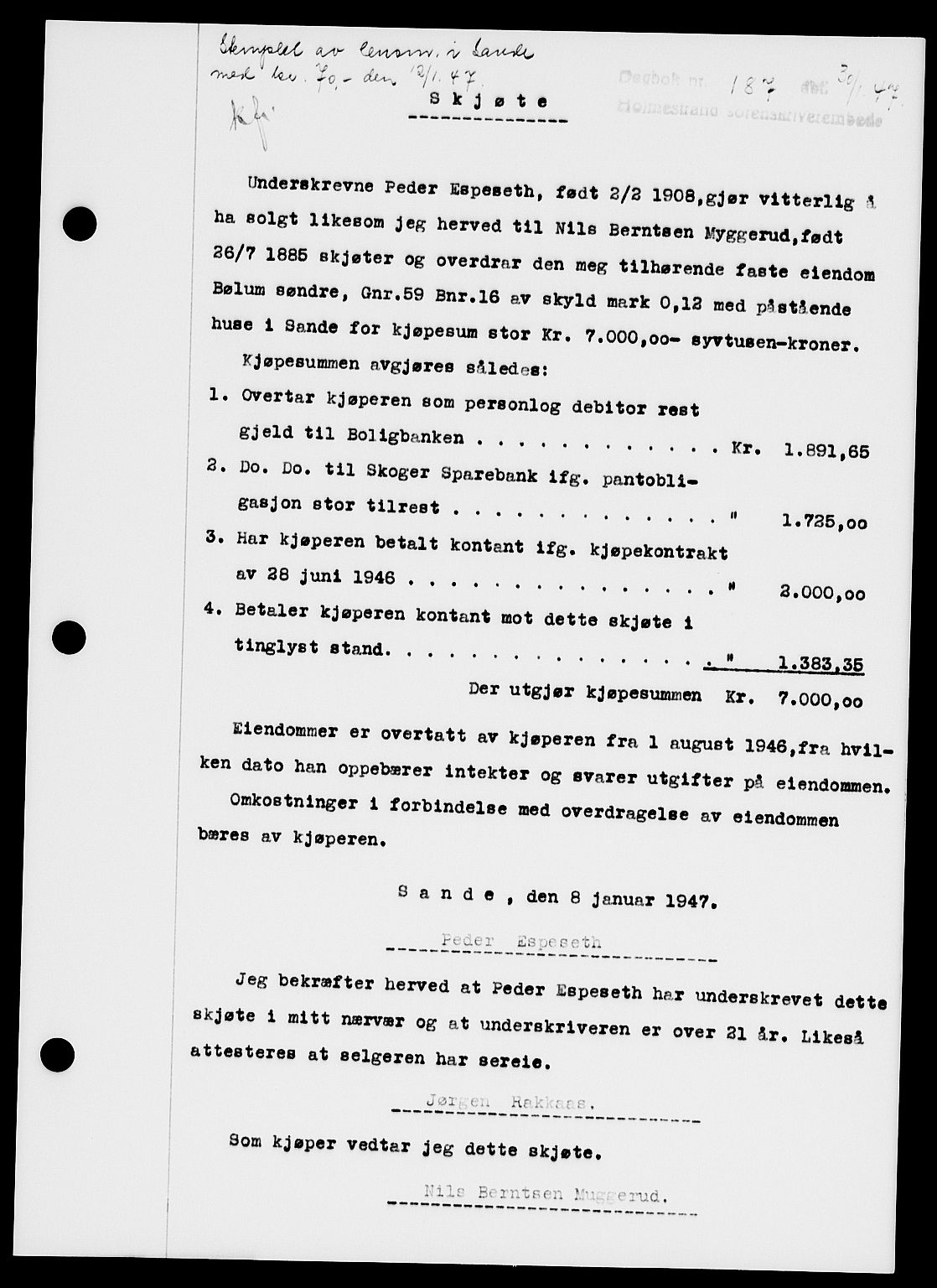 Holmestrand sorenskriveri, SAKO/A-67/G/Ga/Gaa/L0061: Pantebok nr. A-61, 1946-1947, Dagboknr: 187/1947