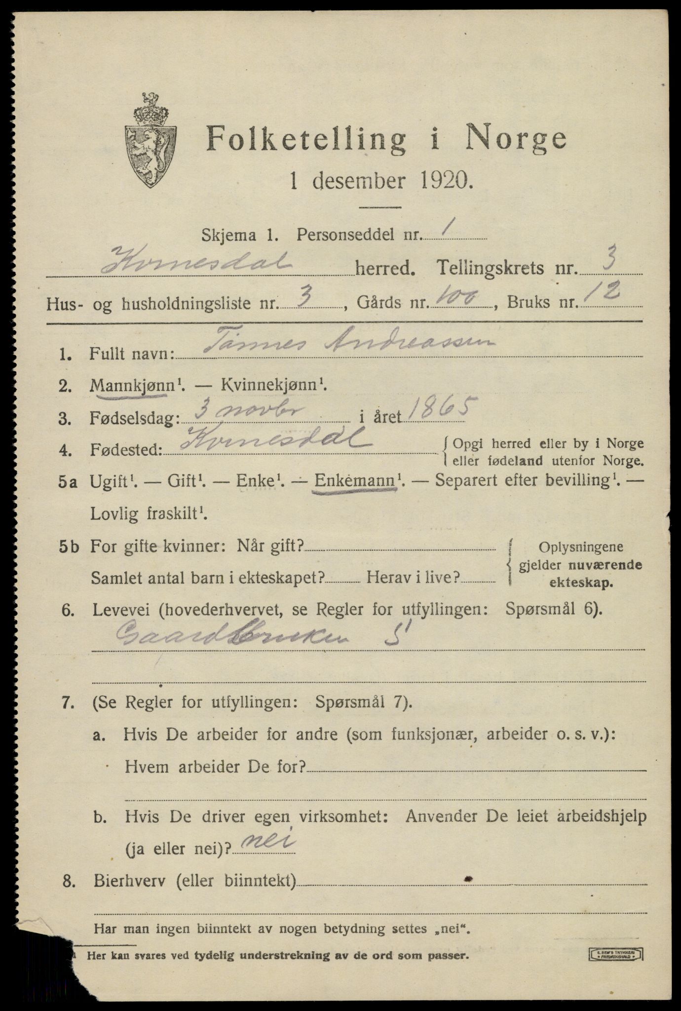 SAK, Folketelling 1920 for 1037 Kvinesdal herred, 1920, s. 3169