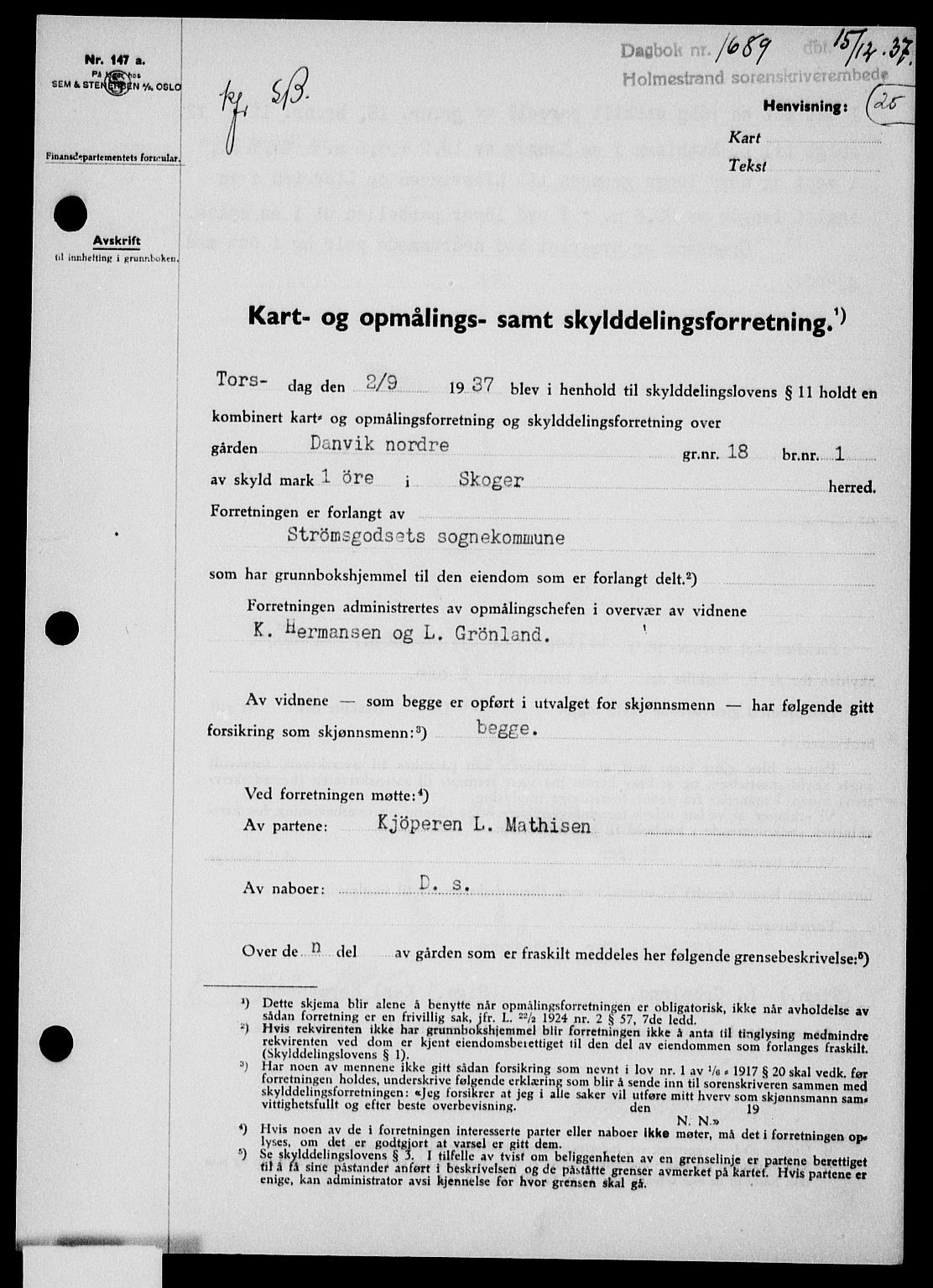 Holmestrand sorenskriveri, SAKO/A-67/G/Ga/Gaa/L0049: Pantebok nr. A-49, 1937-1938, Dagboknr: 1689/1937