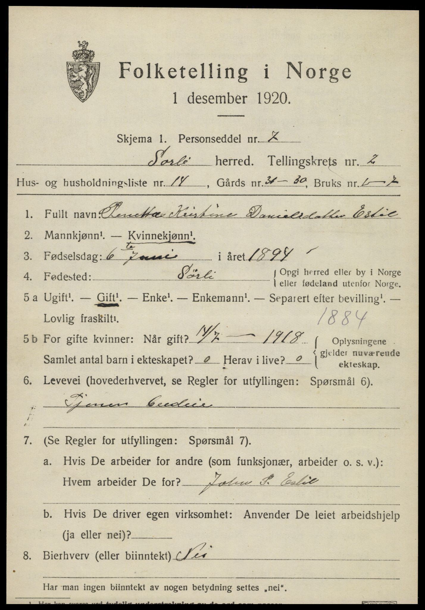 SAT, Folketelling 1920 for 1737 Sørli herred, 1920, s. 1019
