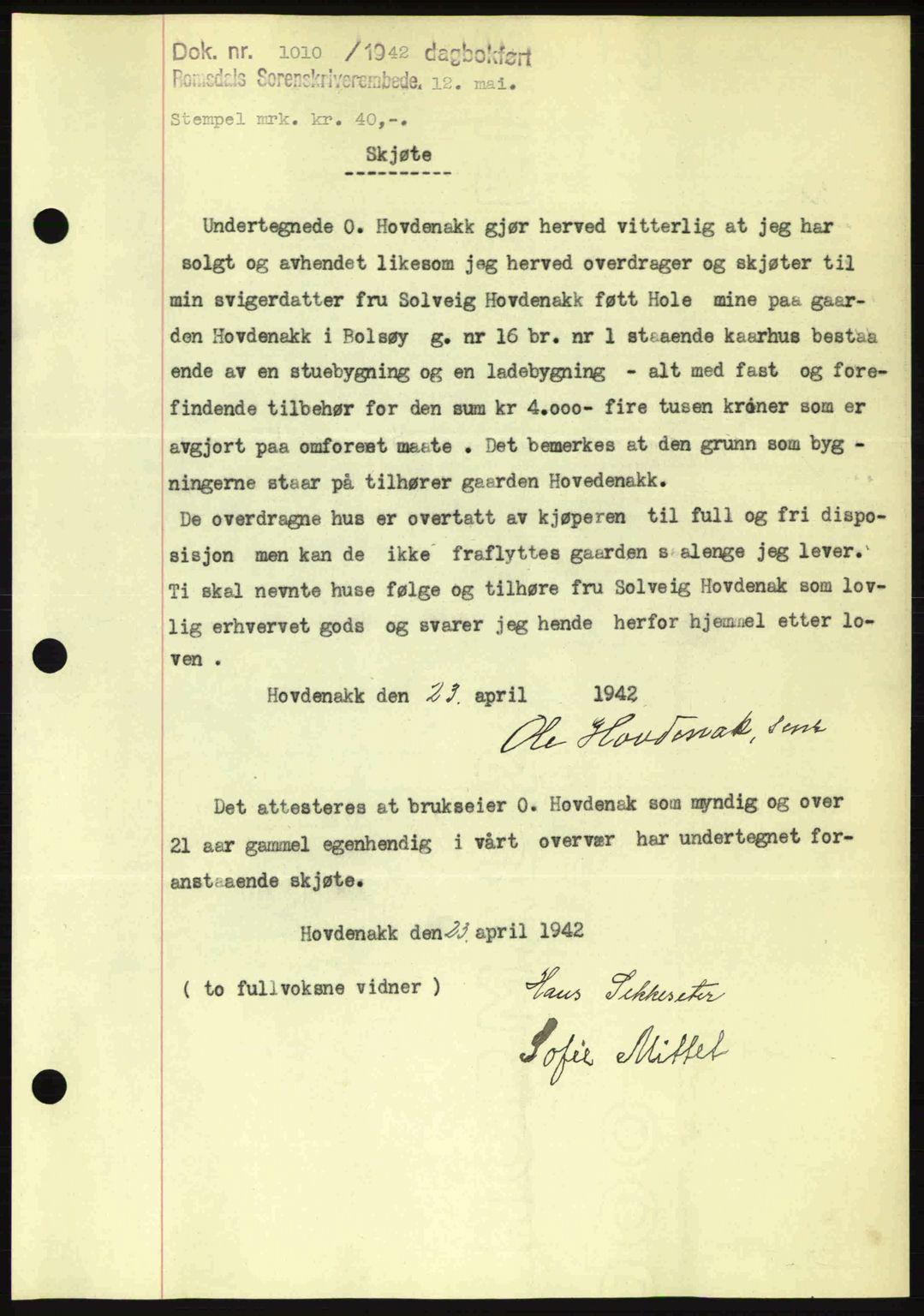 Romsdal sorenskriveri, SAT/A-4149/1/2/2C: Pantebok nr. A12, 1942-1942, Dagboknr: 1010/1942