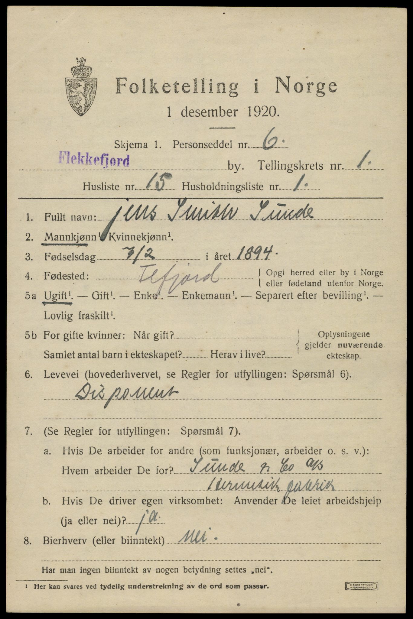SAK, Folketelling 1920 for 1004 Flekkefjord kjøpstad, 1920, s. 2048