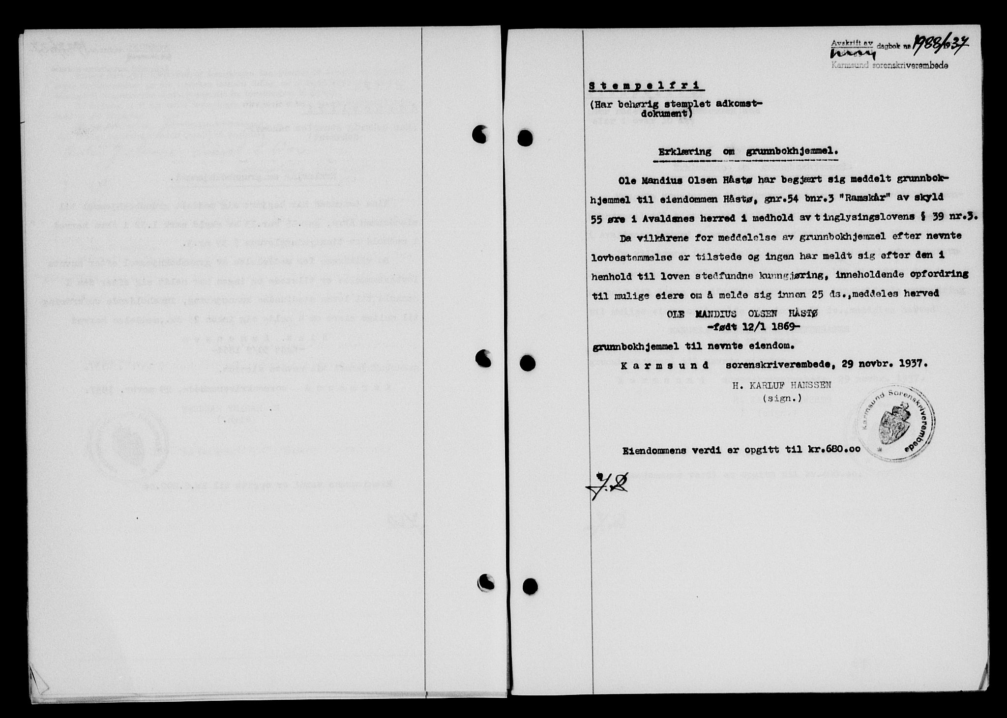 Karmsund sorenskriveri, SAST/A-100311/01/II/IIB/L0068: Pantebok nr. 49A, 1937-1937, Dagboknr: 1988/1937