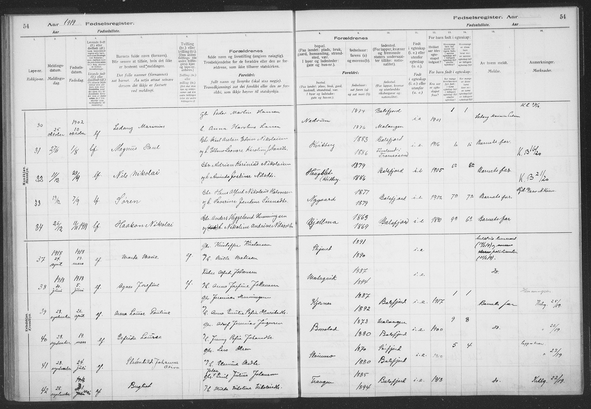 Balsfjord sokneprestembete, AV/SATØ-S-1303/H/Hb/L0059: Fødselsregister nr. 59, 1916-1930, s. 54