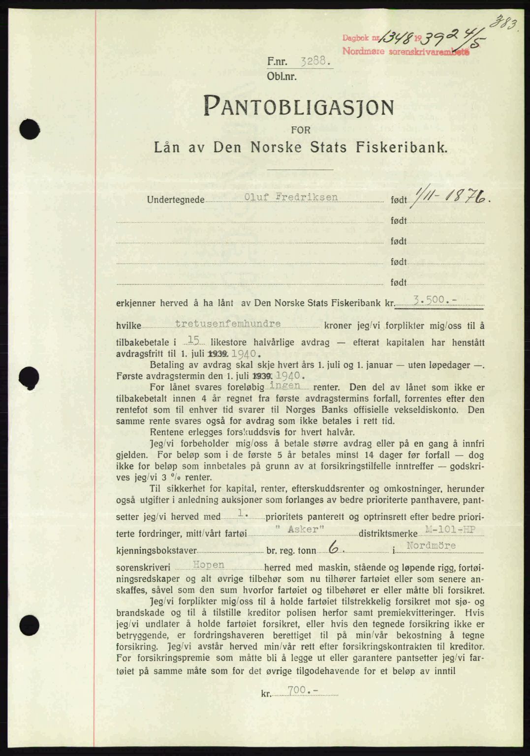 Nordmøre sorenskriveri, SAT/A-4132/1/2/2Ca: Pantebok nr. B85, 1939-1939, Dagboknr: 1348/1939