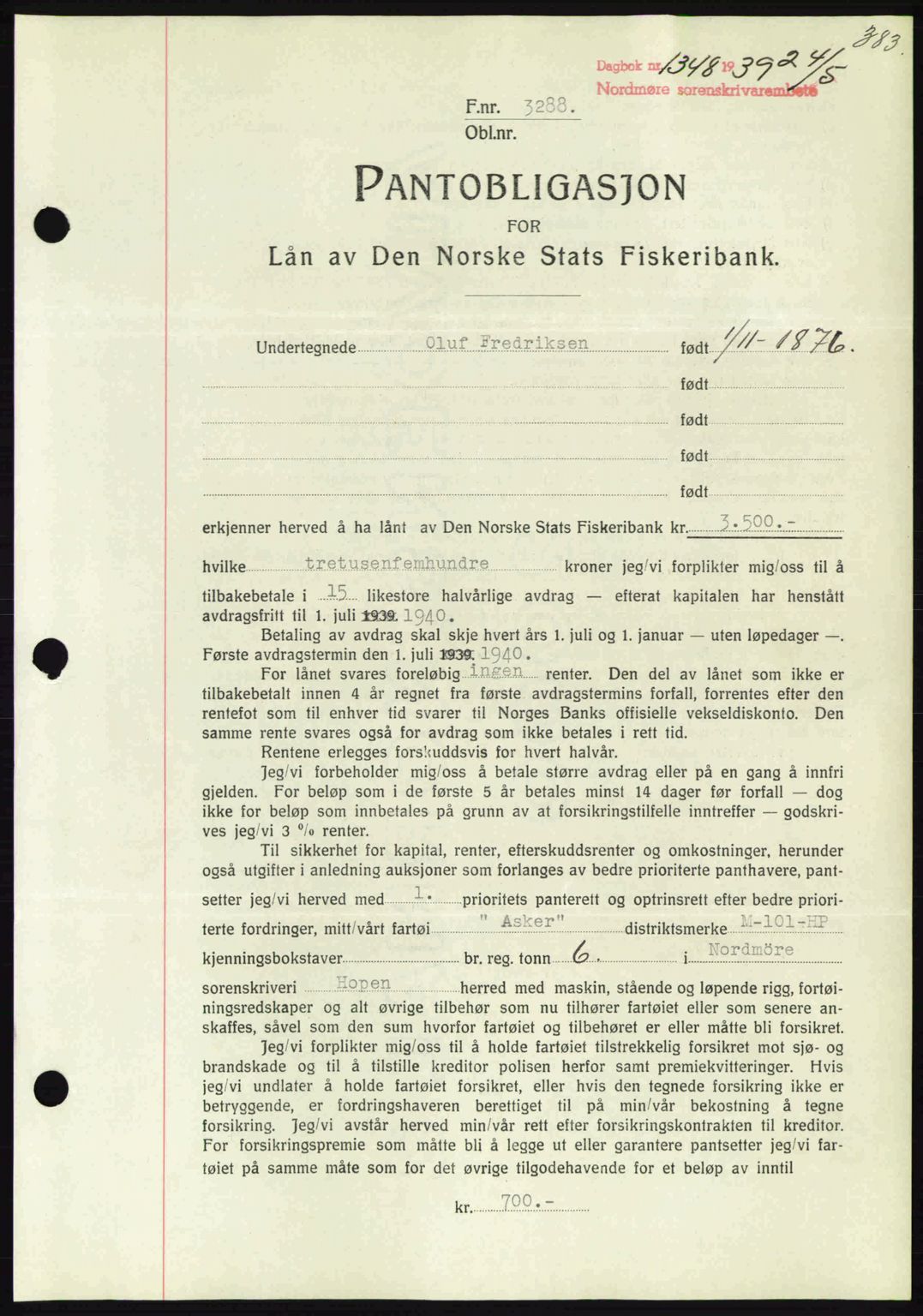 Nordmøre sorenskriveri, AV/SAT-A-4132/1/2/2Ca: Pantebok nr. B85, 1939-1939, Dagboknr: 1348/1939