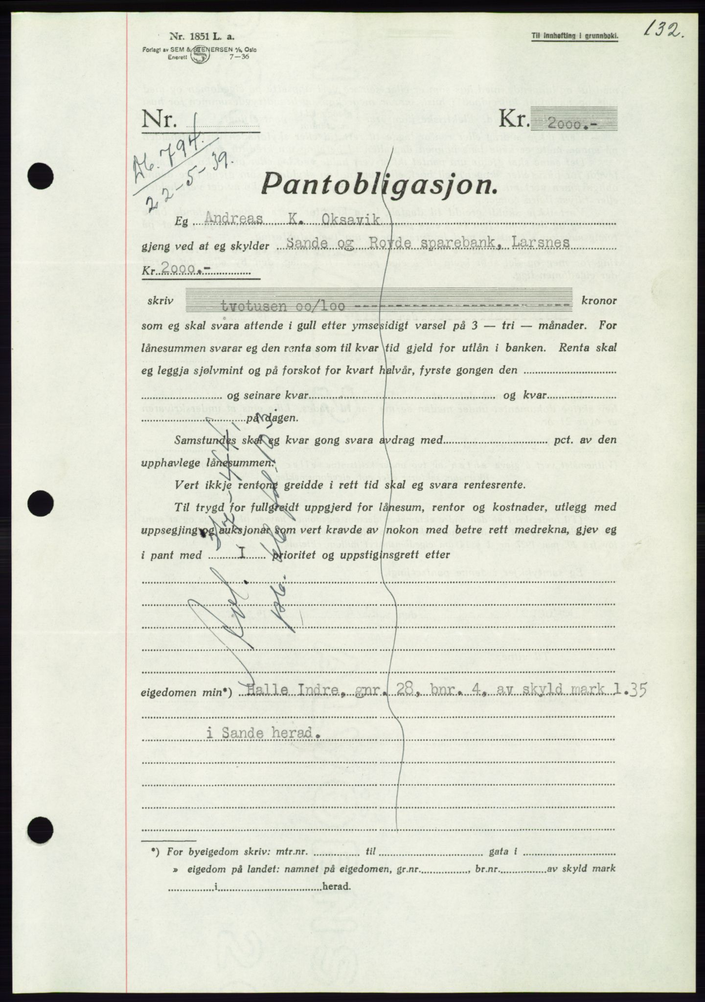 Søre Sunnmøre sorenskriveri, AV/SAT-A-4122/1/2/2C/L0068: Pantebok nr. 62, 1939-1939, Dagboknr: 794/1939