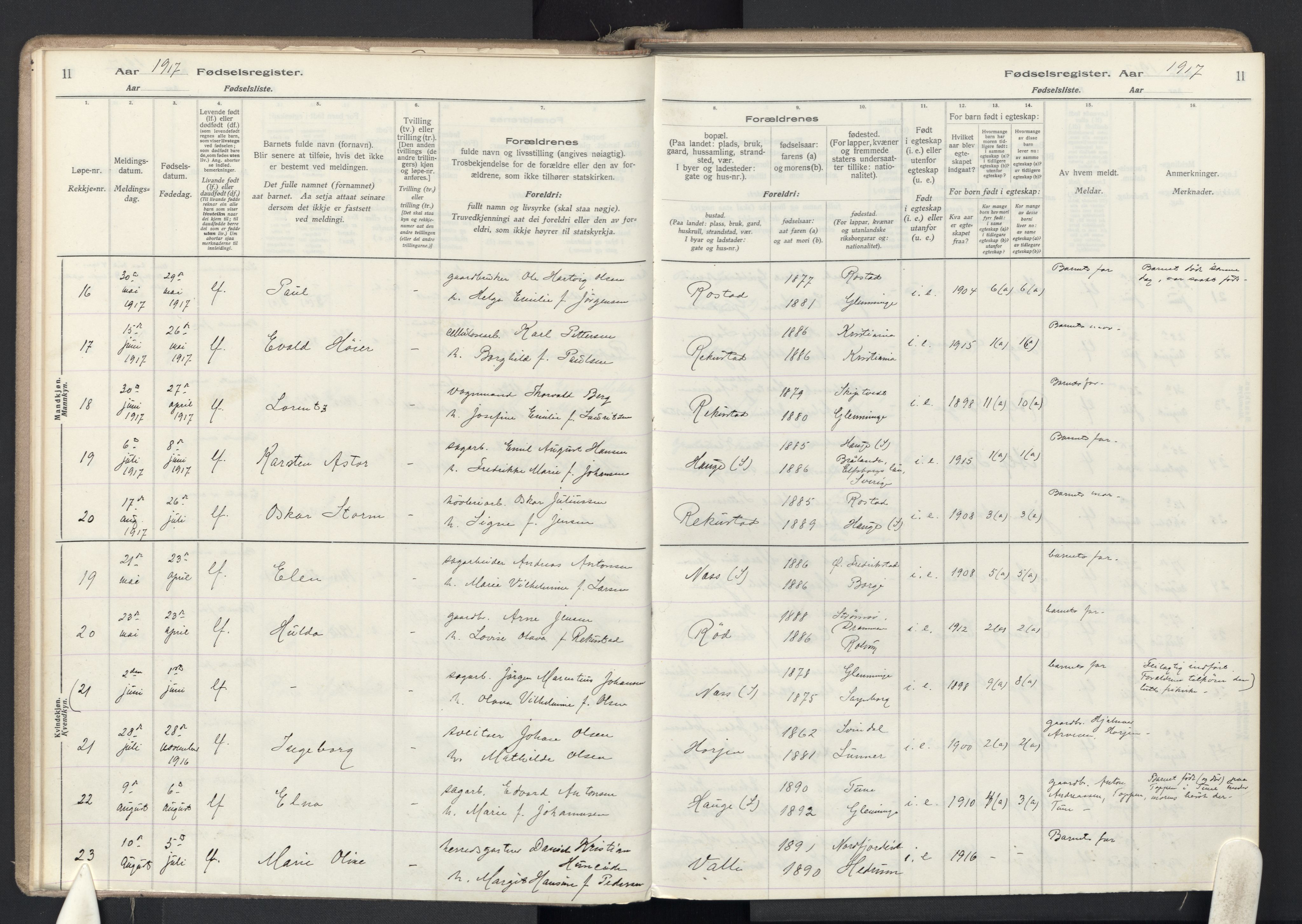 Rolvsøy prestekontor Kirkebøker, AV/SAO-A-2004/J/Ja/L0001: Fødselsregister nr. 1, 1916-1946, s. 11