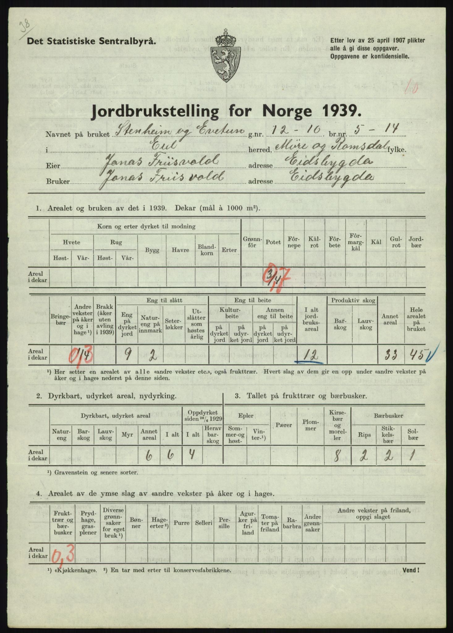 Statistisk sentralbyrå, Næringsøkonomiske emner, Jordbruk, skogbruk, jakt, fiske og fangst, AV/RA-S-2234/G/Gb/L0251: Møre og Romsdal: Voll, Eid, Grytten og Hen, 1939, s. 383