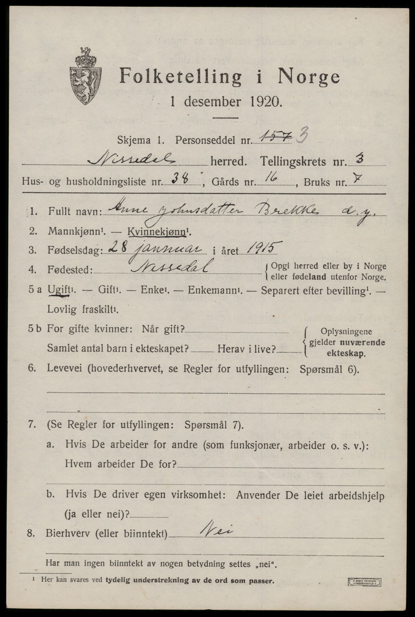 SAKO, Folketelling 1920 for 0830 Nissedal herred, 1920, s. 1811