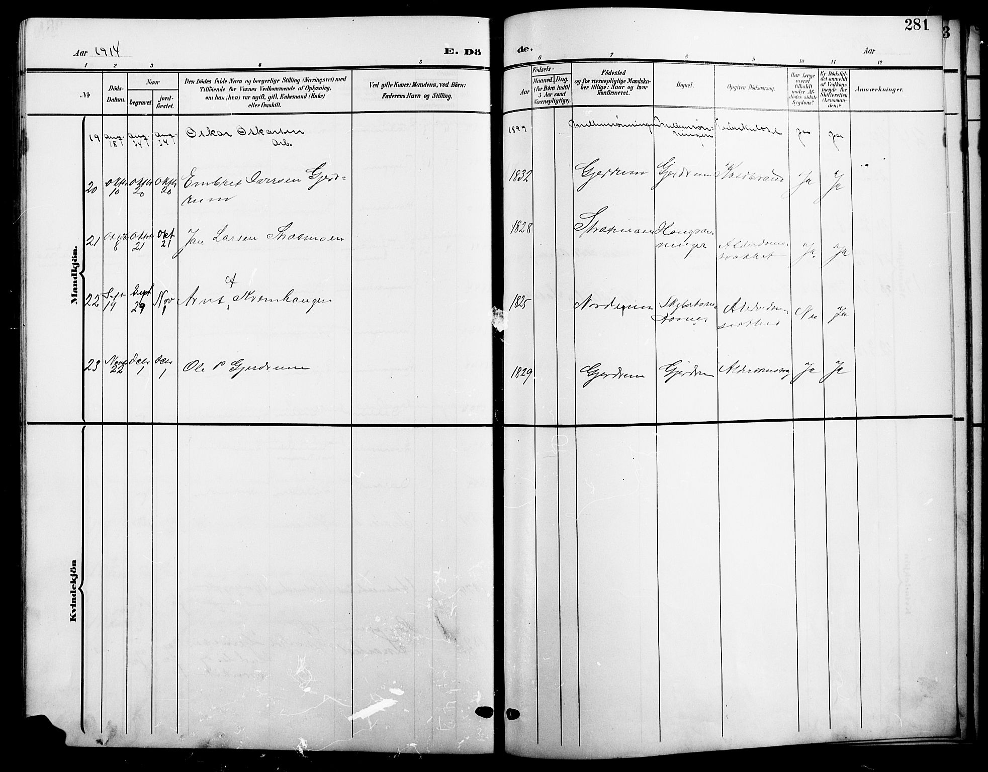 Våler prestekontor, Hedmark, AV/SAH-PREST-040/H/Ha/Hab/L0002: Klokkerbok nr. 2, 1905-1915, s. 281