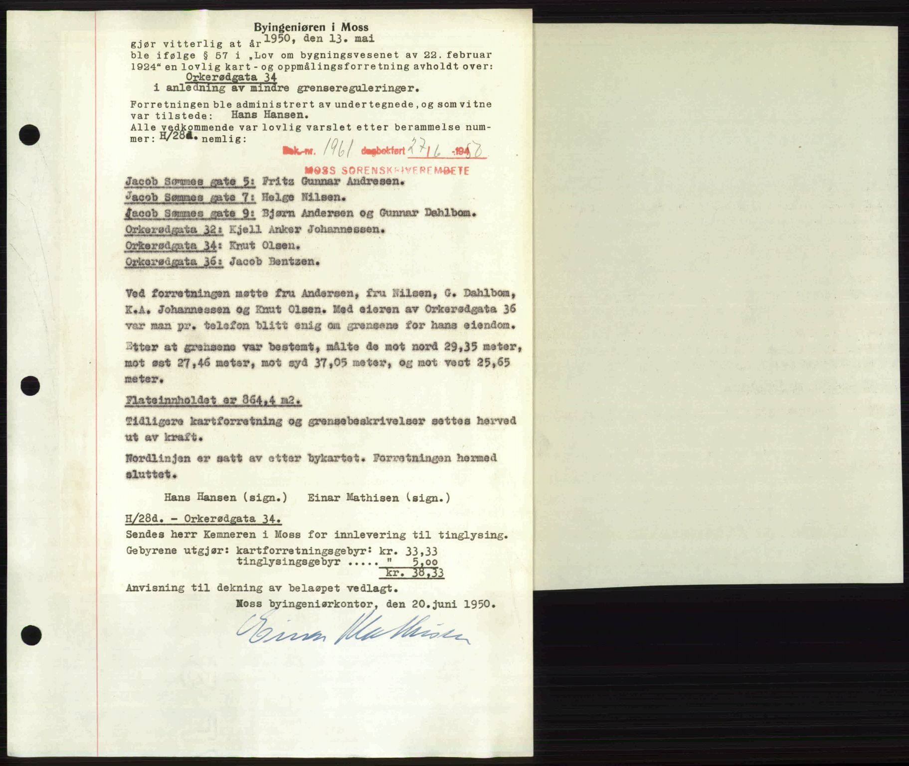 Moss sorenskriveri, SAO/A-10168: Pantebok nr. A26, 1950-1950, Dagboknr: 1961/1950