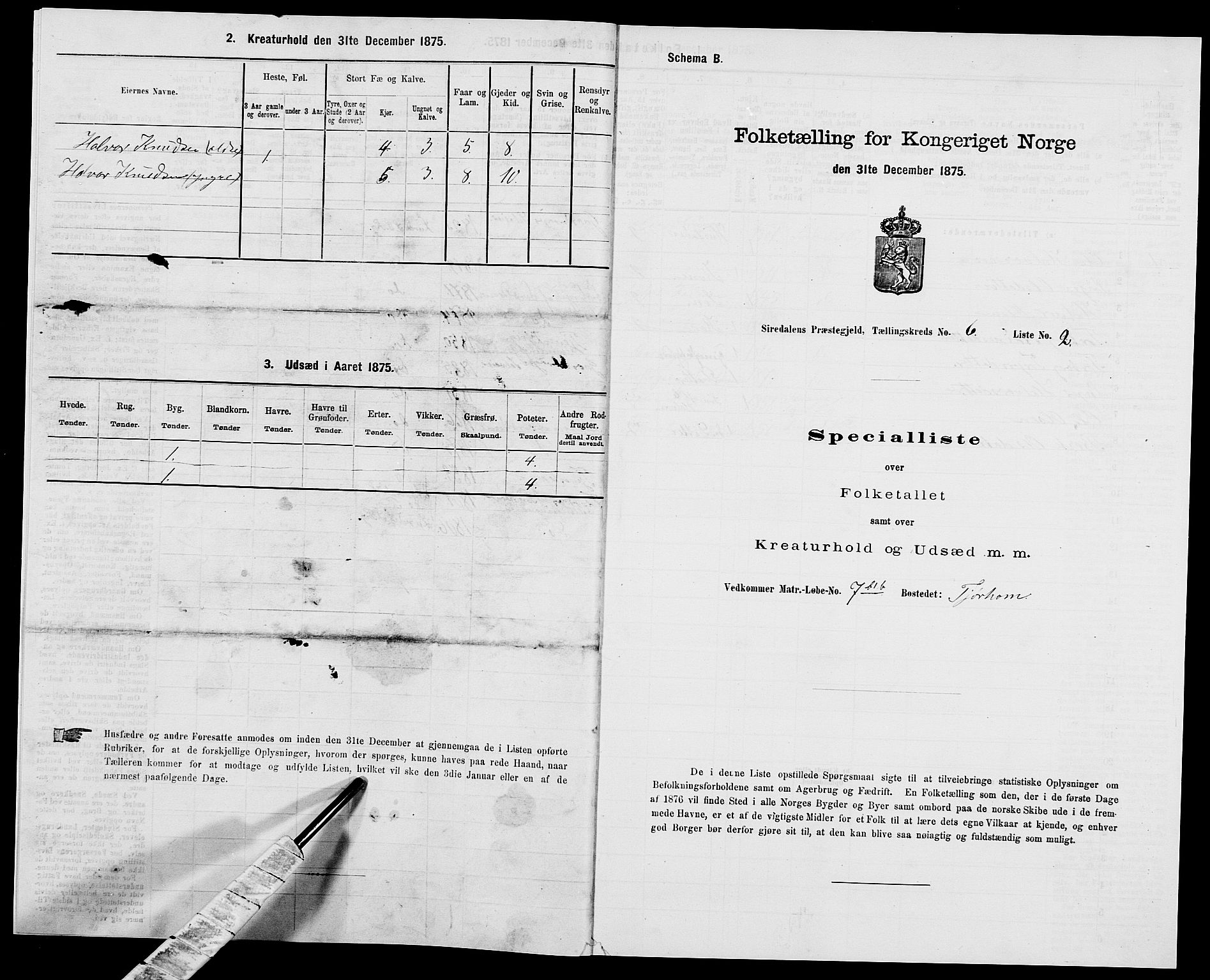 SAK, Folketelling 1875 for 1046P Sirdal prestegjeld, 1875, s. 481