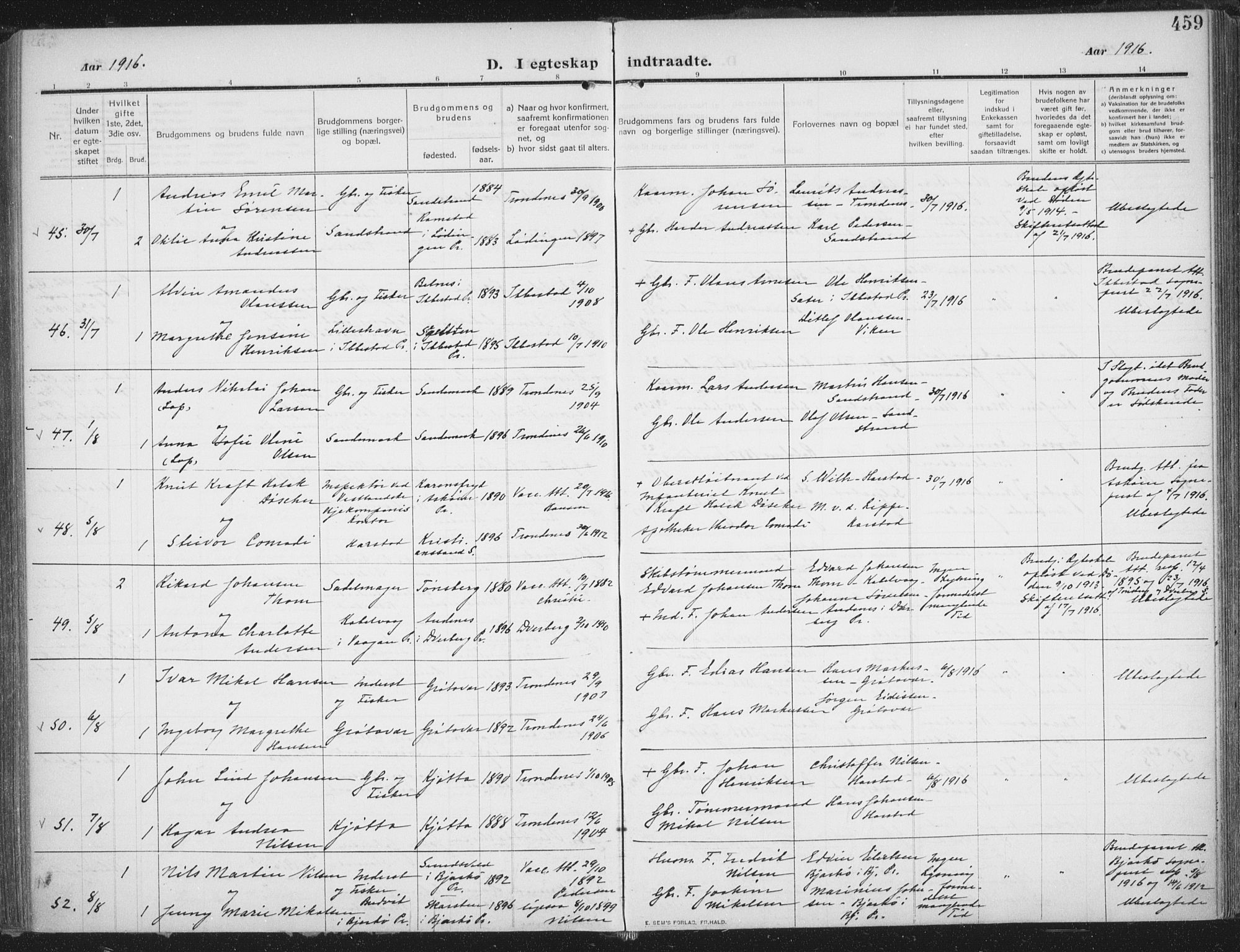 Trondenes sokneprestkontor, AV/SATØ-S-1319/H/Ha/L0018kirke: Ministerialbok nr. 18, 1909-1918, s. 459