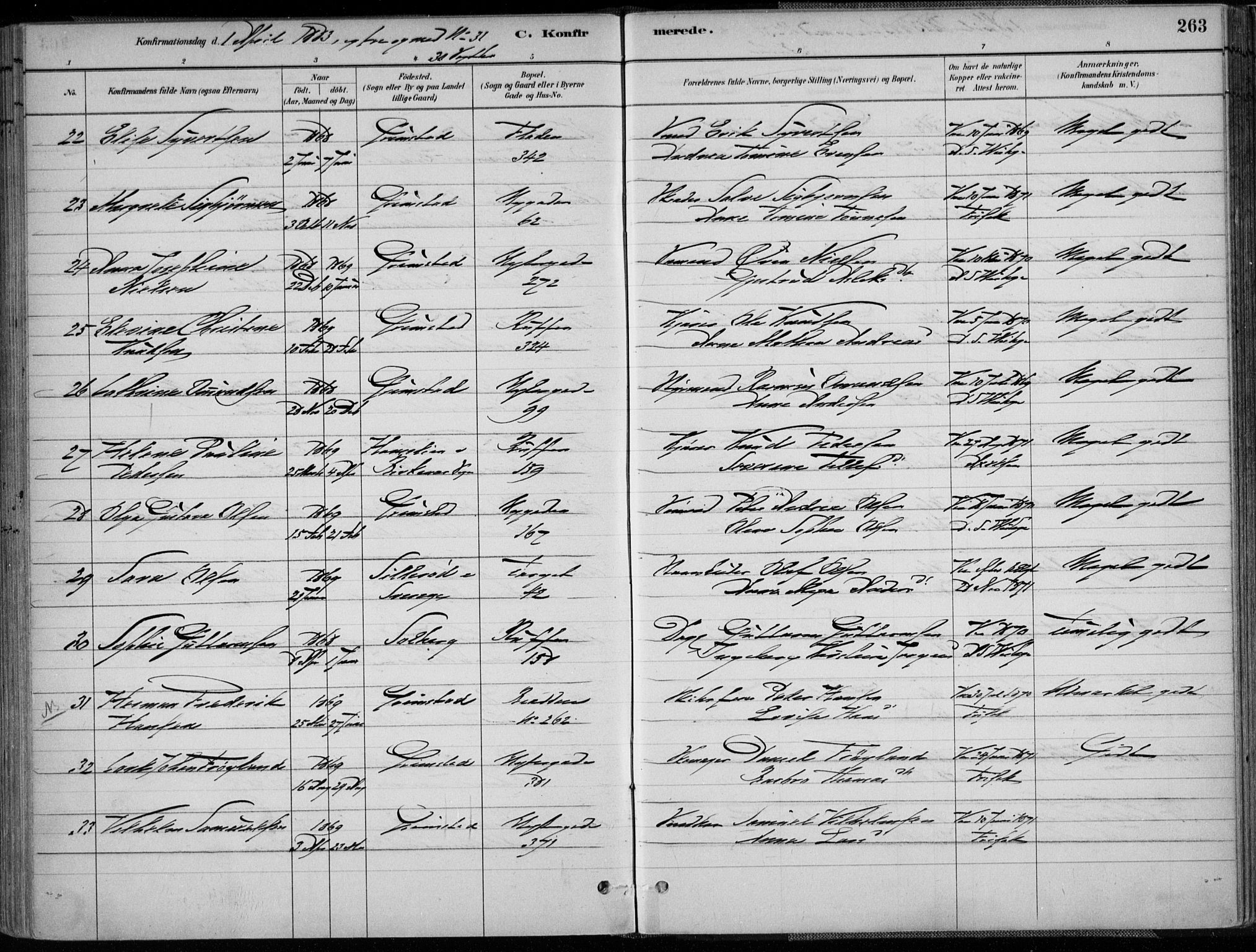 Grimstad sokneprestkontor, AV/SAK-1111-0017/F/Fa/L0003: Ministerialbok nr. A 2, 1882-1912, s. 263