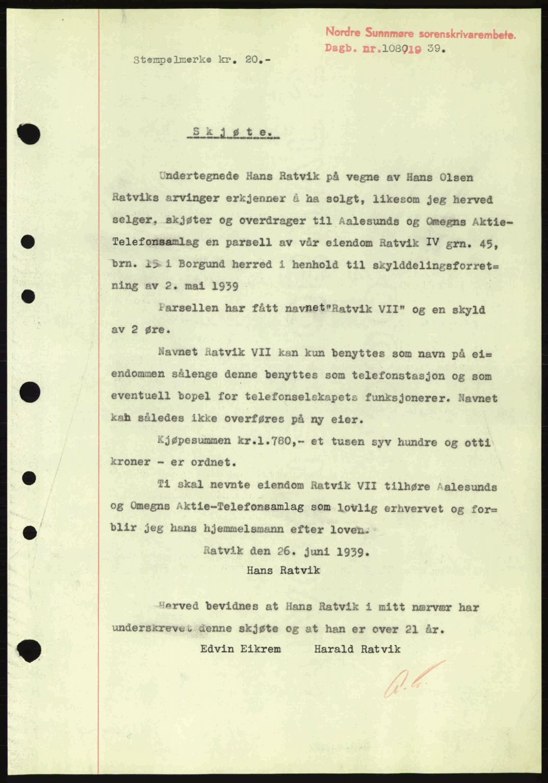 Nordre Sunnmøre sorenskriveri, SAT/A-0006/1/2/2C/2Ca: Pantebok nr. A7, 1939-1939, Dagboknr: 1080/1939