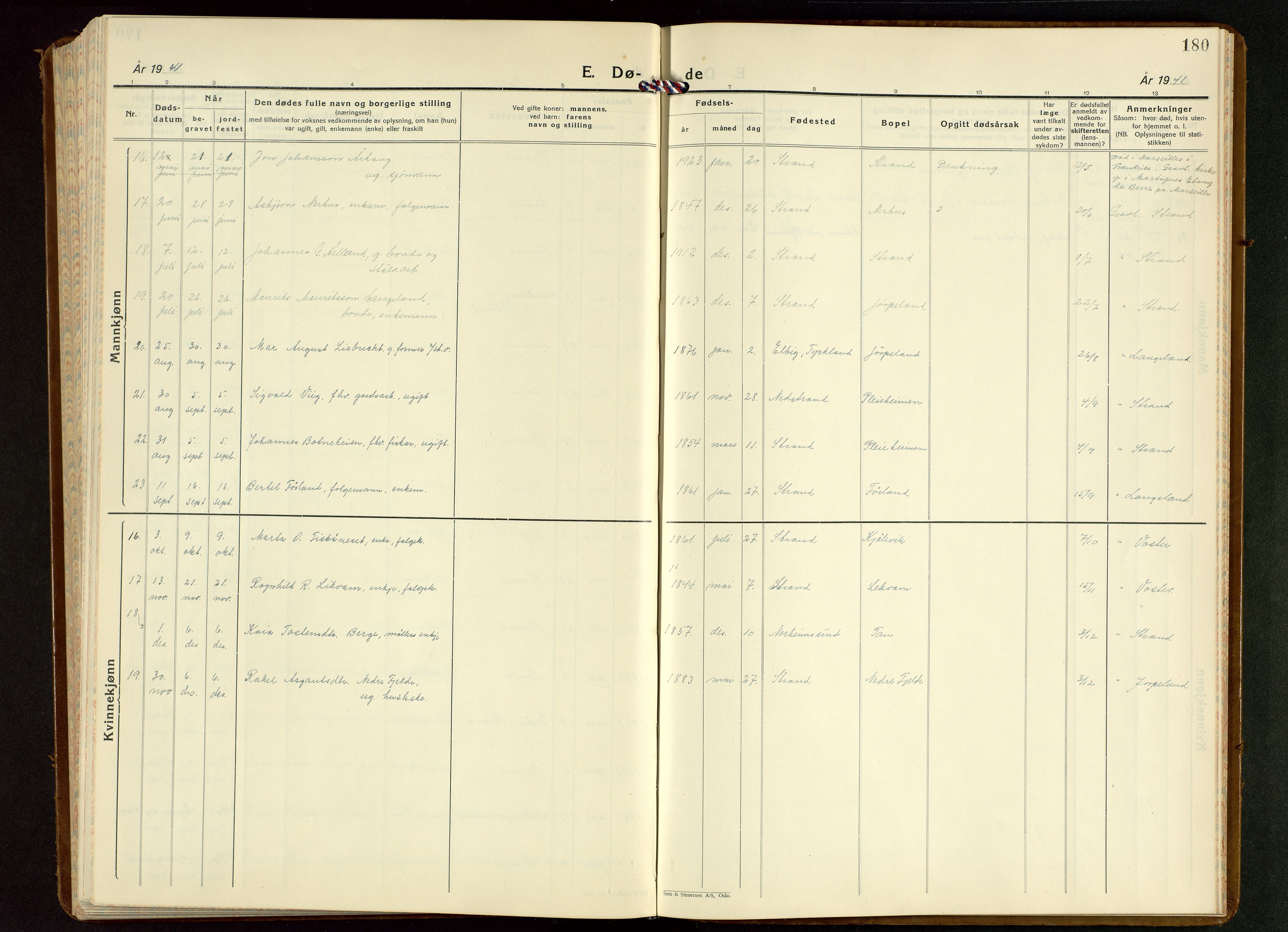 Strand sokneprestkontor, AV/SAST-A-101828/H/Ha/Hab/L0006: Klokkerbok nr. B 6, 1933-1950, s. 180