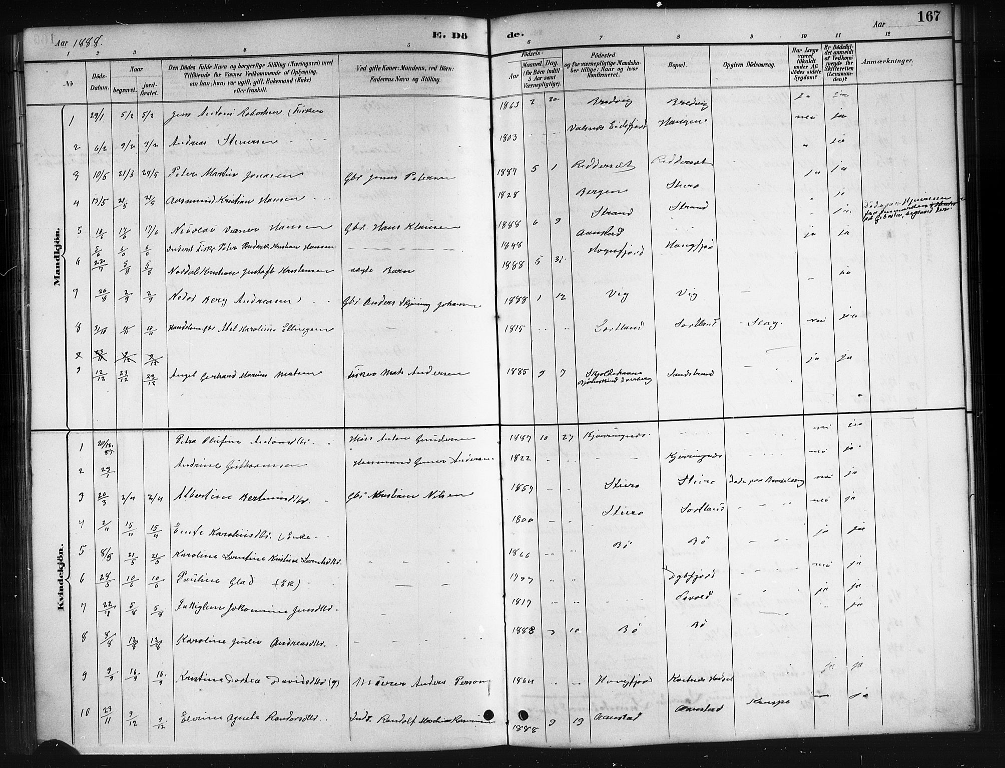Ministerialprotokoller, klokkerbøker og fødselsregistre - Nordland, SAT/A-1459/895/L1382: Klokkerbok nr. 895C04, 1885-1896, s. 167