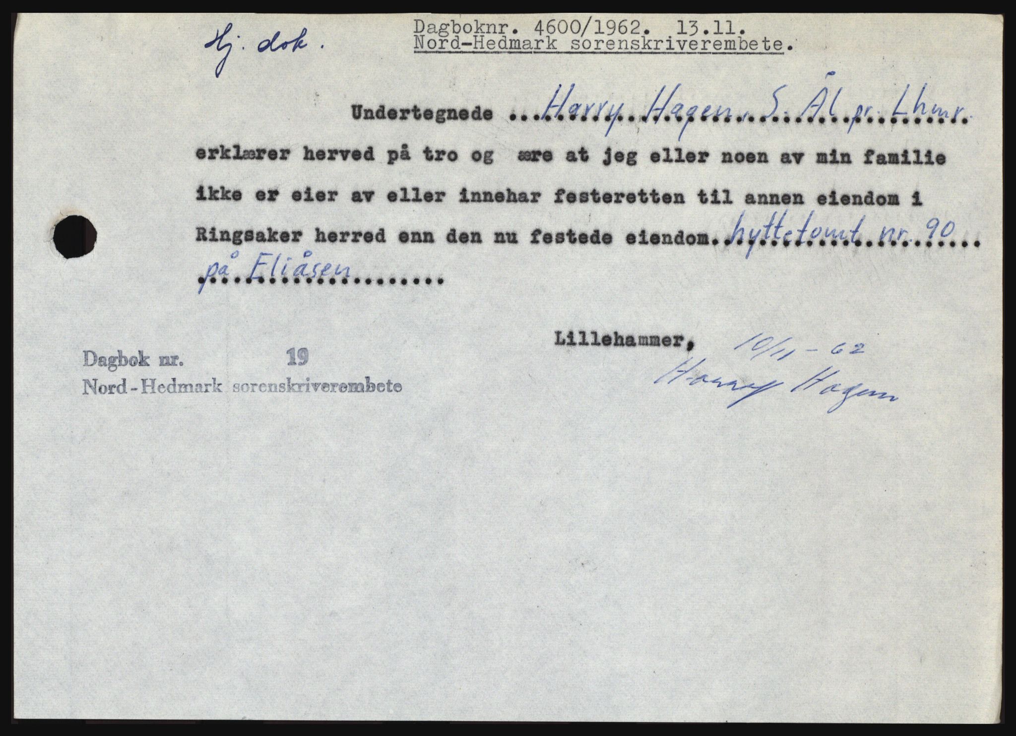 Nord-Hedmark sorenskriveri, SAH/TING-012/H/Hc/L0017: Pantebok nr. 17, 1962-1963, Dagboknr: 4600/1962