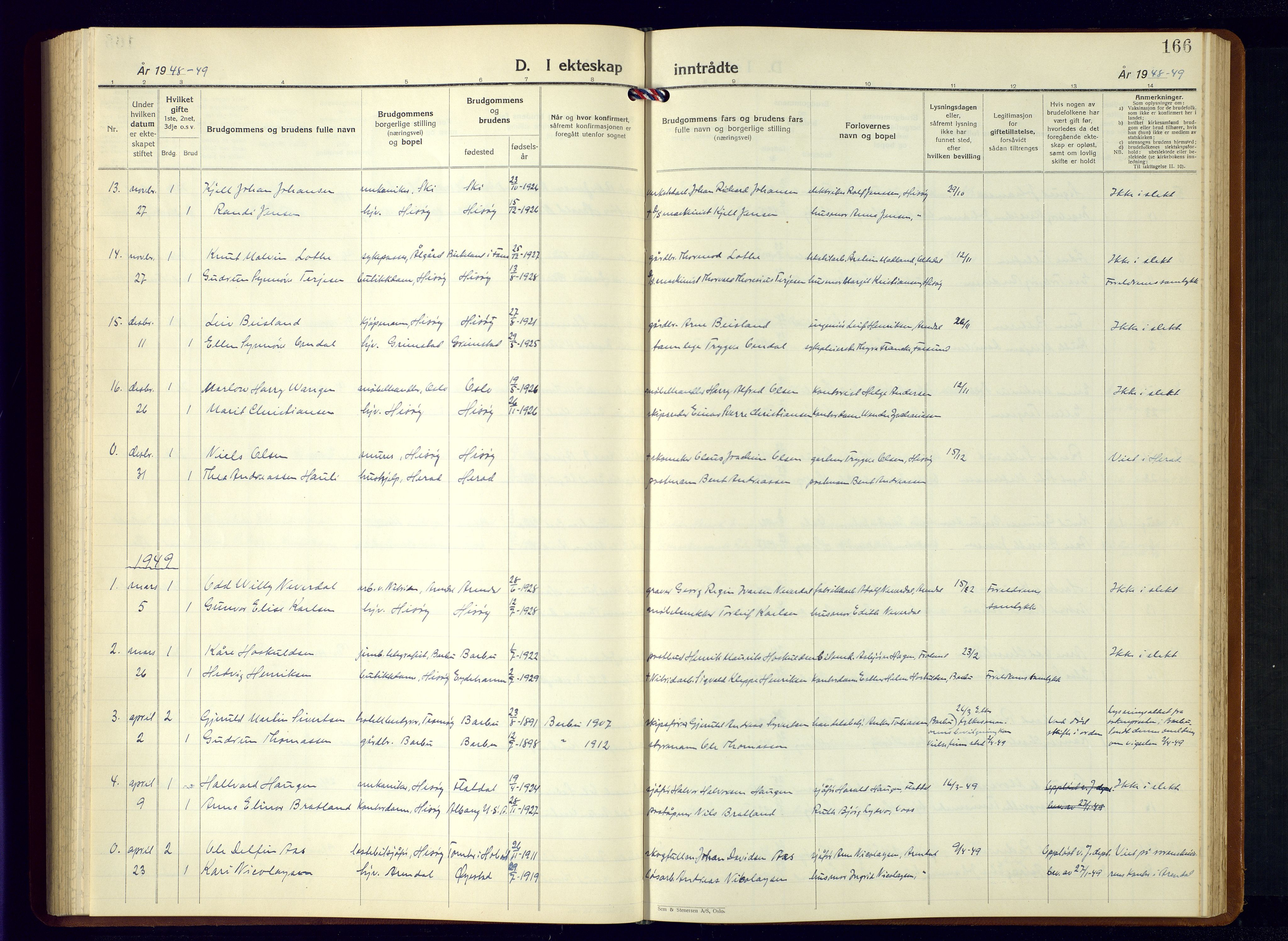 Hisøy sokneprestkontor, AV/SAK-1111-0020/F/Fb/L0006: Klokkerbok nr. B-6, 1947-1968, s. 166