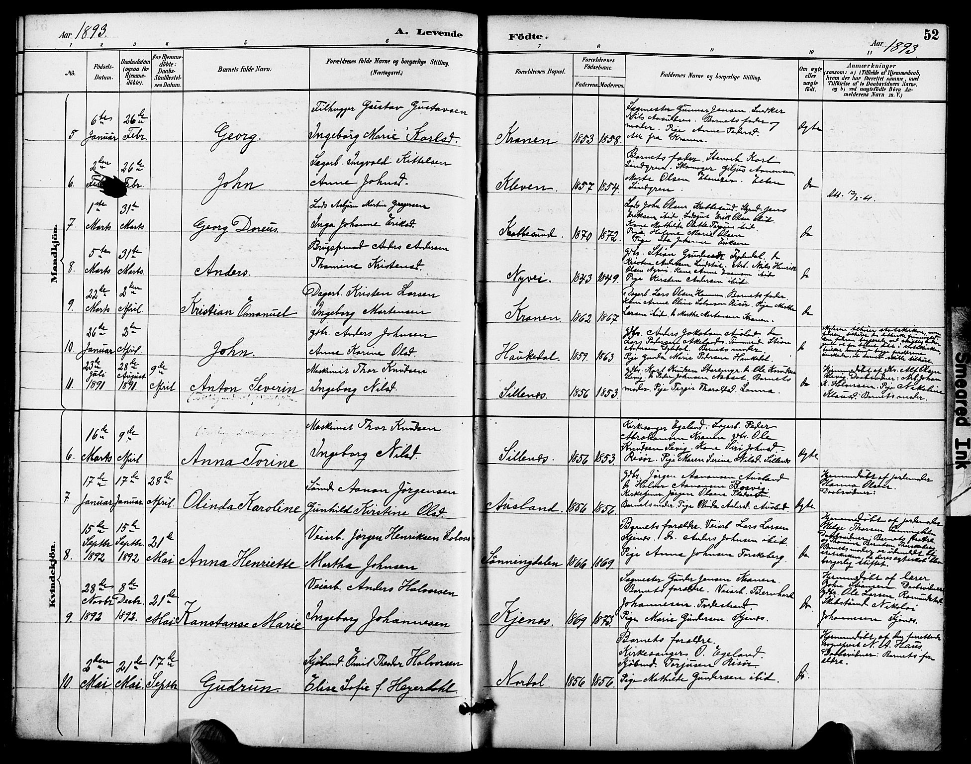 Søndeled sokneprestkontor, AV/SAK-1111-0038/F/Fa/L0005: Ministerialbok nr. A 5, 1889-1899, s. 52