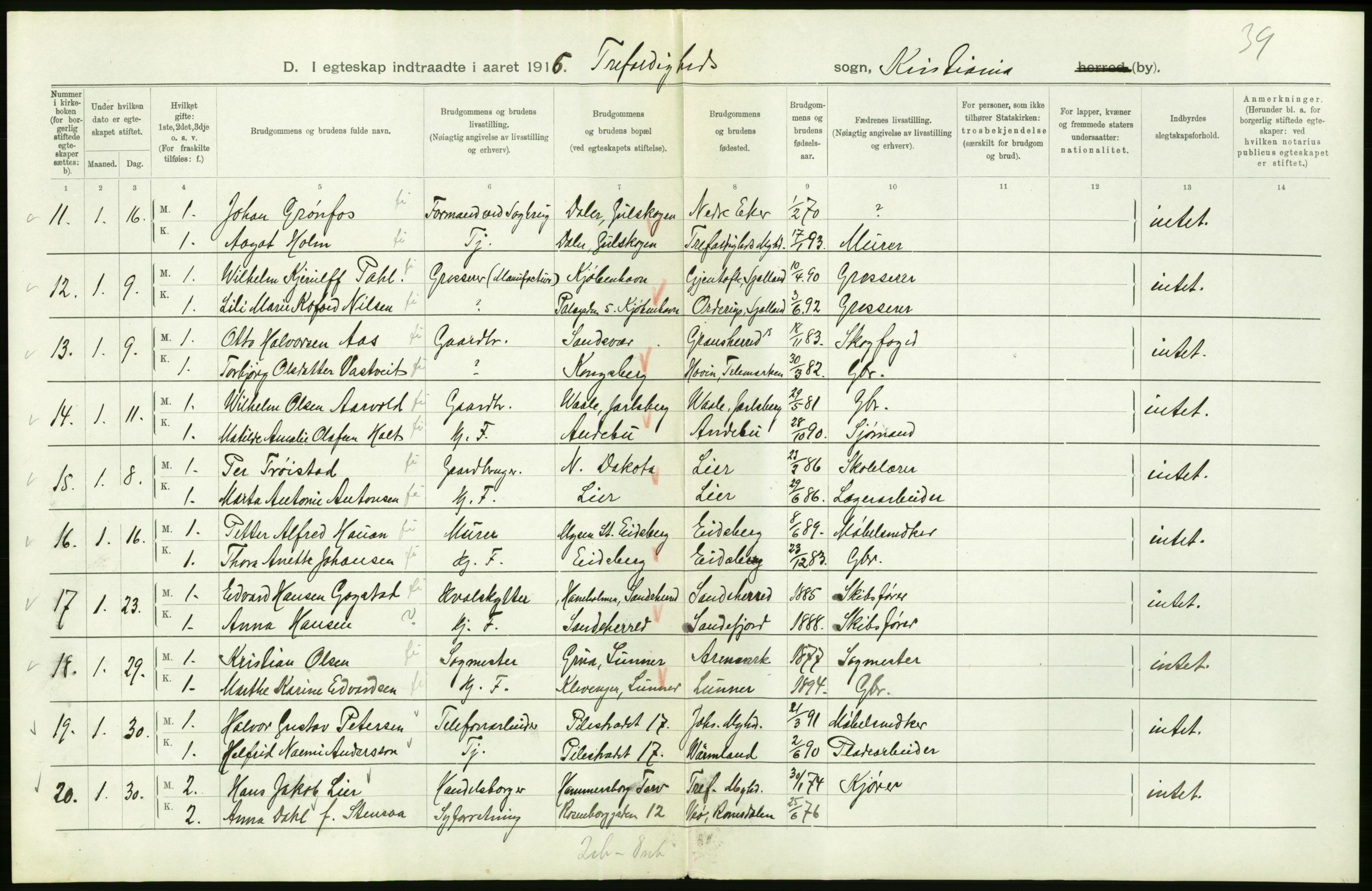 Statistisk sentralbyrå, Sosiodemografiske emner, Befolkning, AV/RA-S-2228/D/Df/Dfb/Dfbf/L0008: Kristiania: Gifte, 1916, s. 320