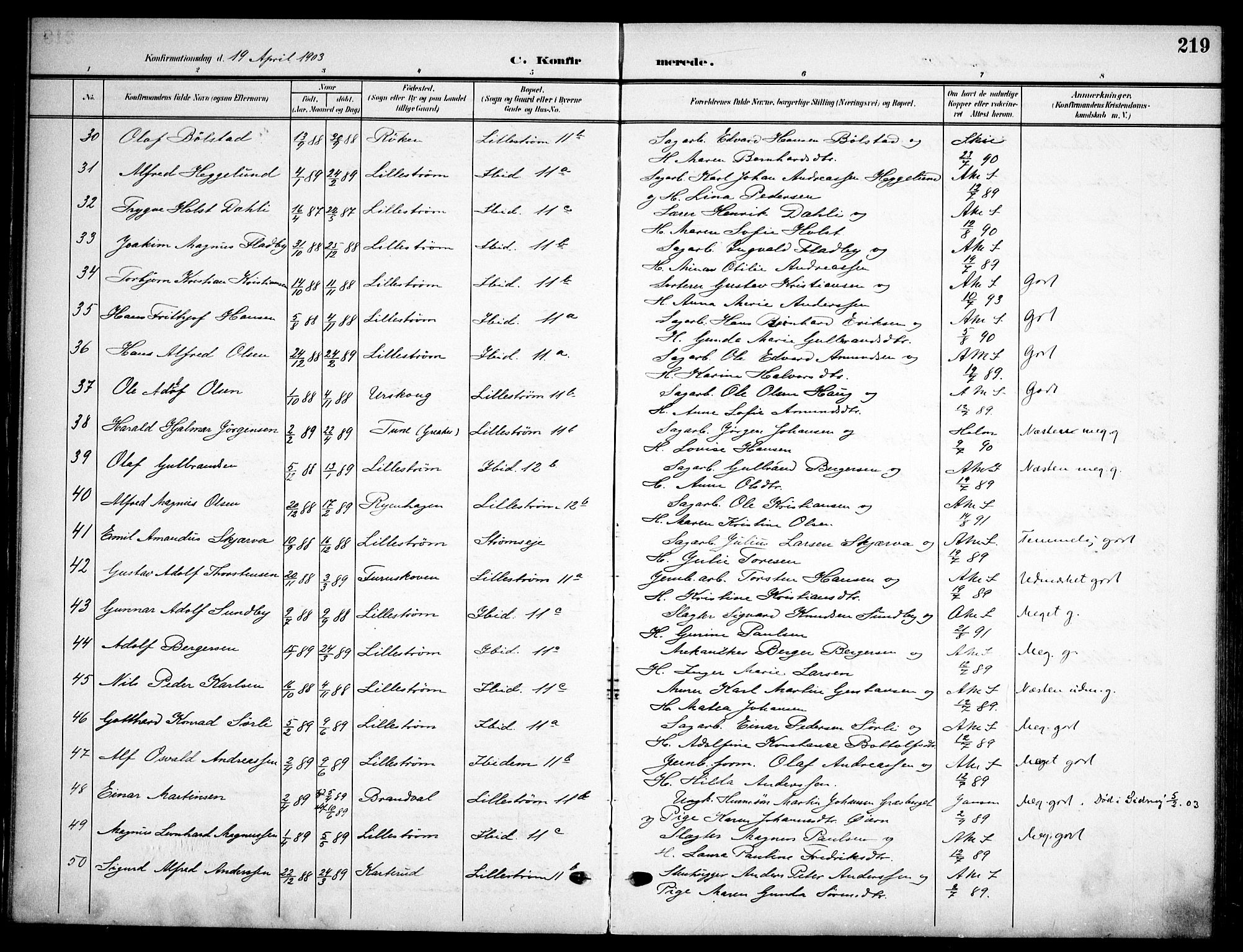 Skedsmo prestekontor Kirkebøker, AV/SAO-A-10033a/F/Fa/L0015: Ministerialbok nr. I 15, 1902-1917, s. 219