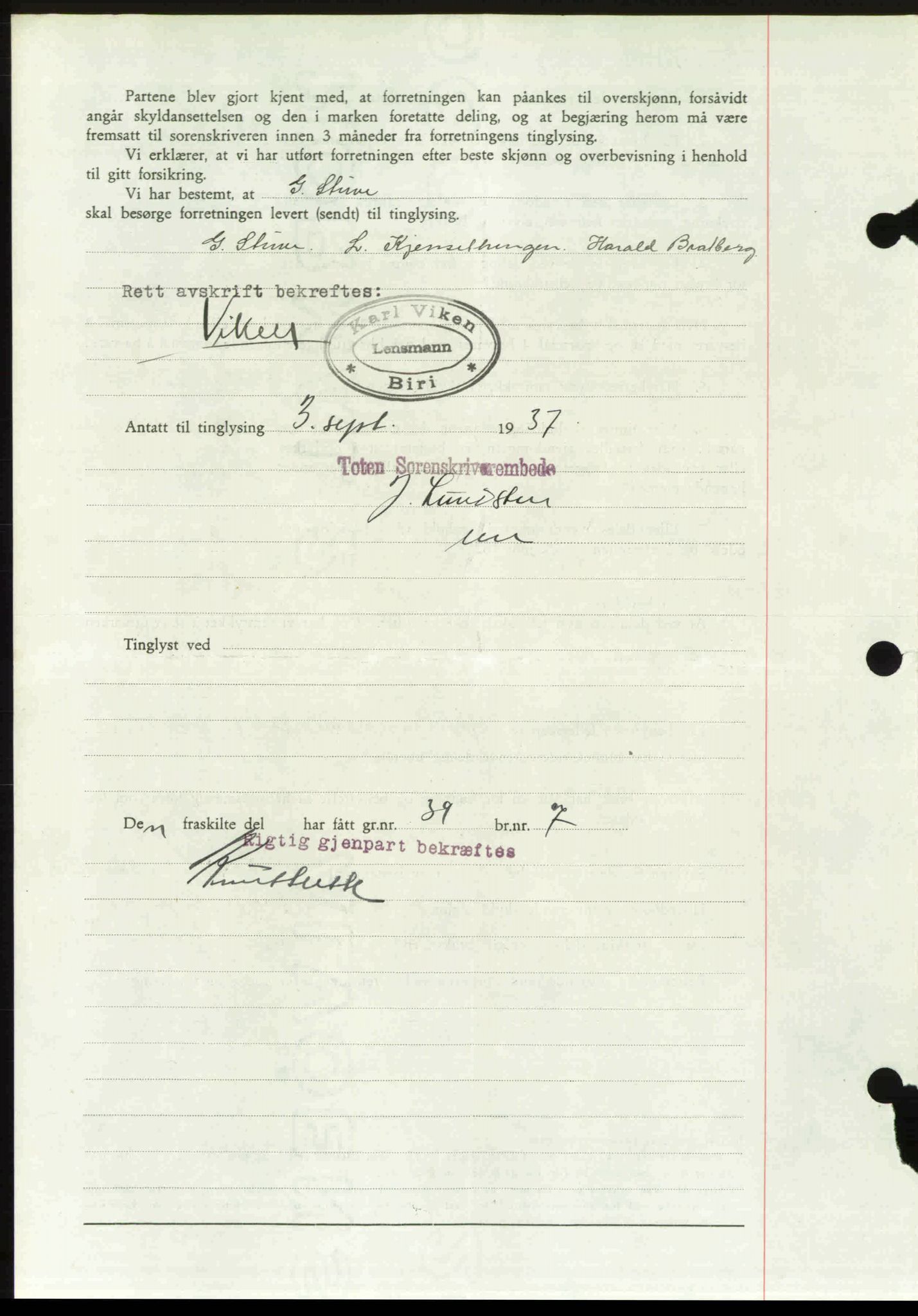 Toten tingrett, SAH/TING-006/H/Hb/Hbc/L0003: Pantebok nr. Hbc-03, 1937-1938, Dagboknr: 2086/1937