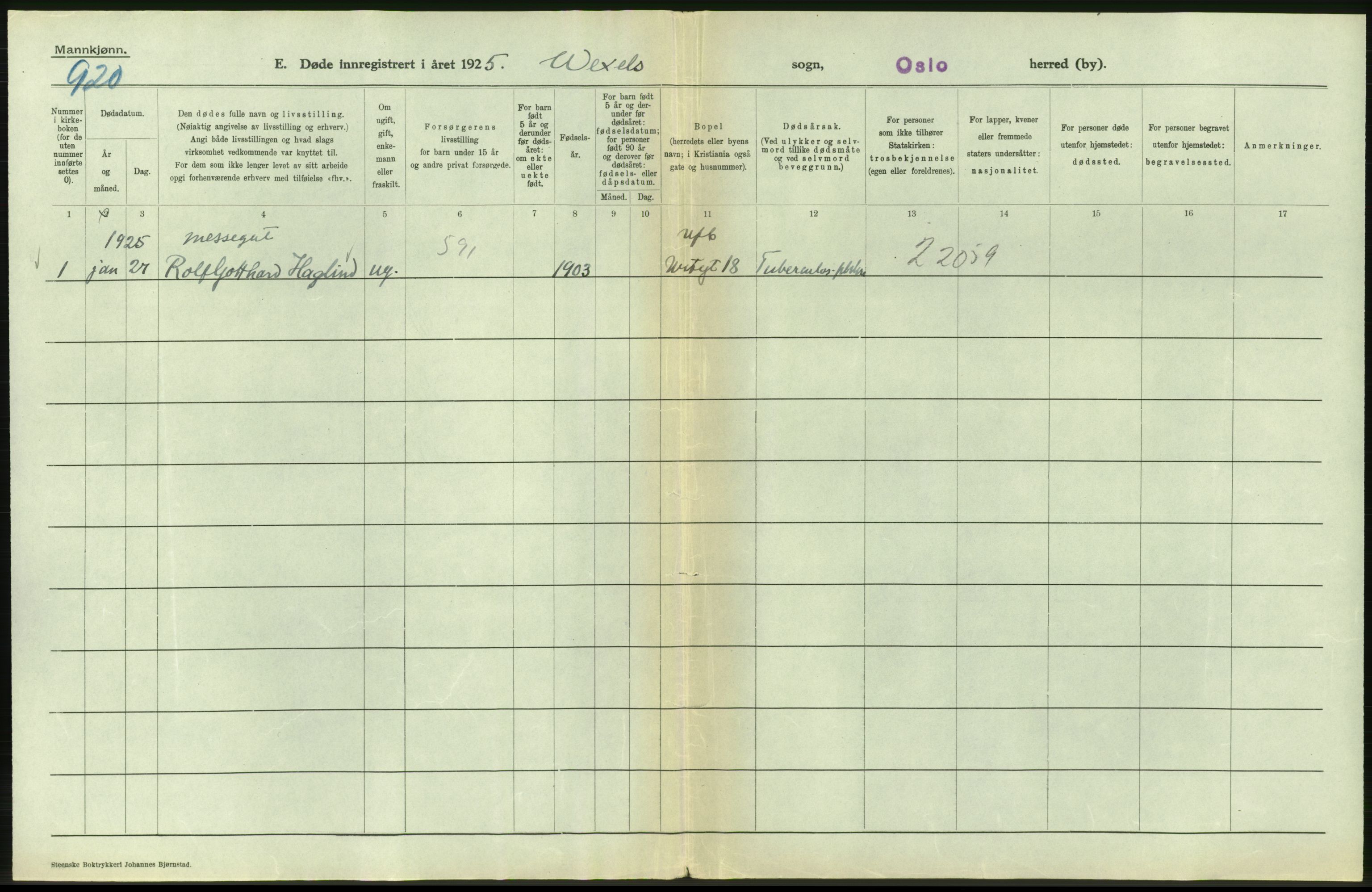 Statistisk sentralbyrå, Sosiodemografiske emner, Befolkning, AV/RA-S-2228/D/Df/Dfc/Dfce/L0009: Oslo: Døde menn, 1925, s. 306