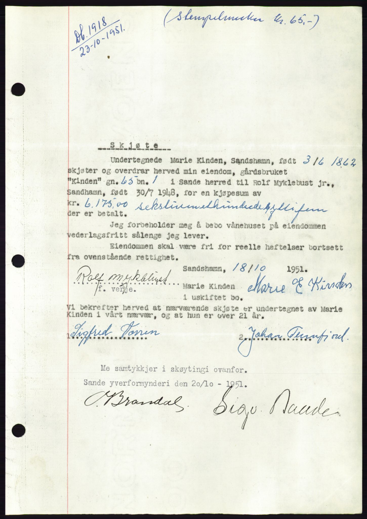 Søre Sunnmøre sorenskriveri, AV/SAT-A-4122/1/2/2C/L0090: Pantebok nr. 16A, 1951-1951, Dagboknr: 1918/1951