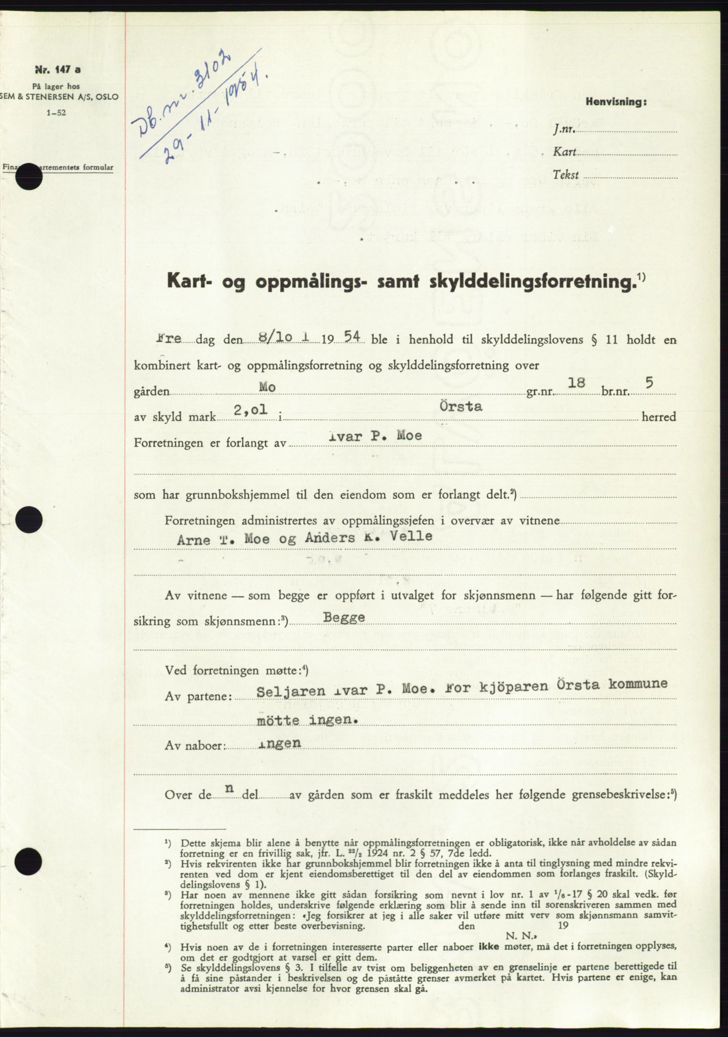 Søre Sunnmøre sorenskriveri, AV/SAT-A-4122/1/2/2C/L0099: Pantebok nr. 25A, 1954-1954, Dagboknr: 3102/1954