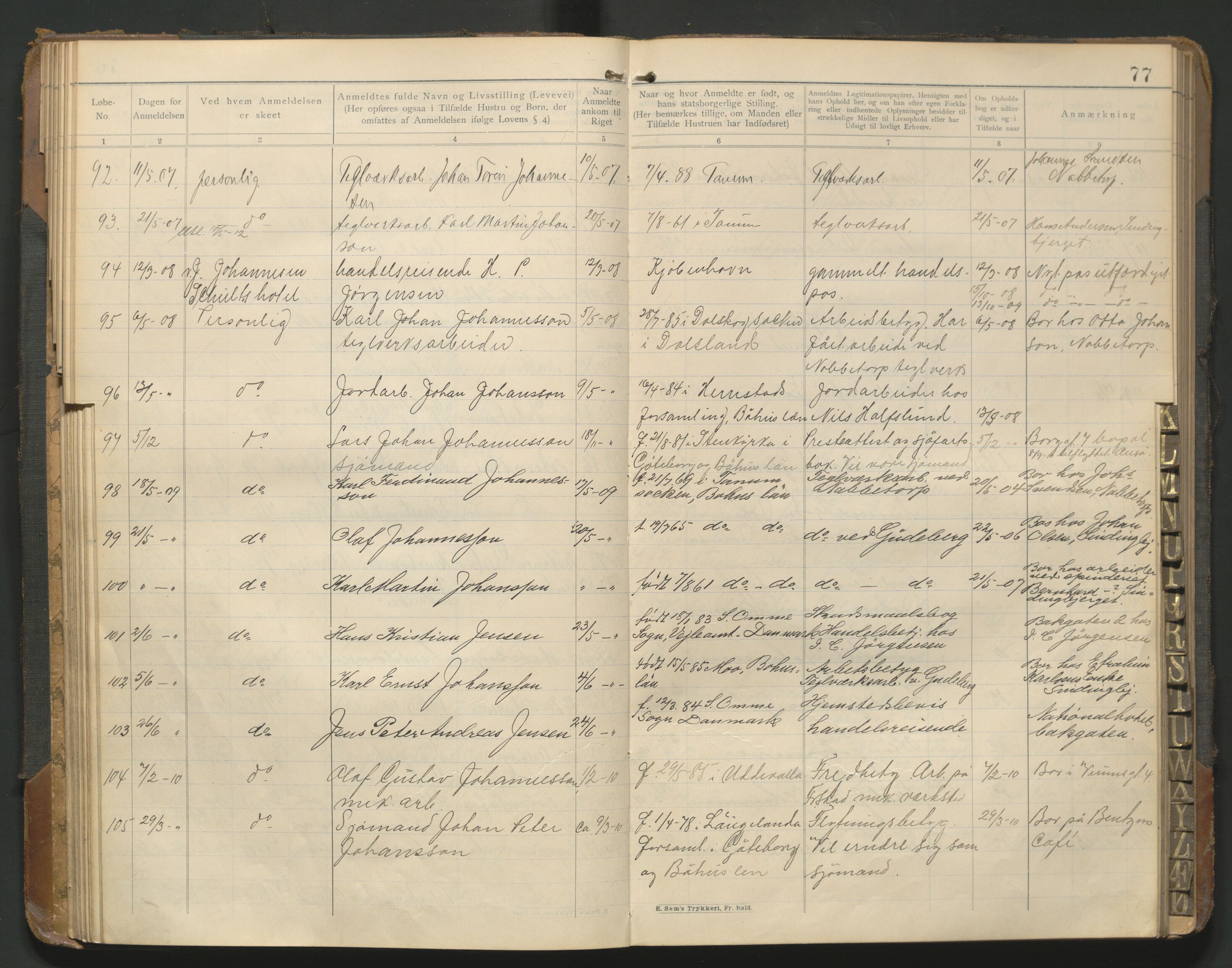 Fredrikstad politikammer, AV/SAO-A-10055/H/Hb/Hba/L0001: Protokoll over fremmede statsborgere, 1901-1916, s. 76b-77a