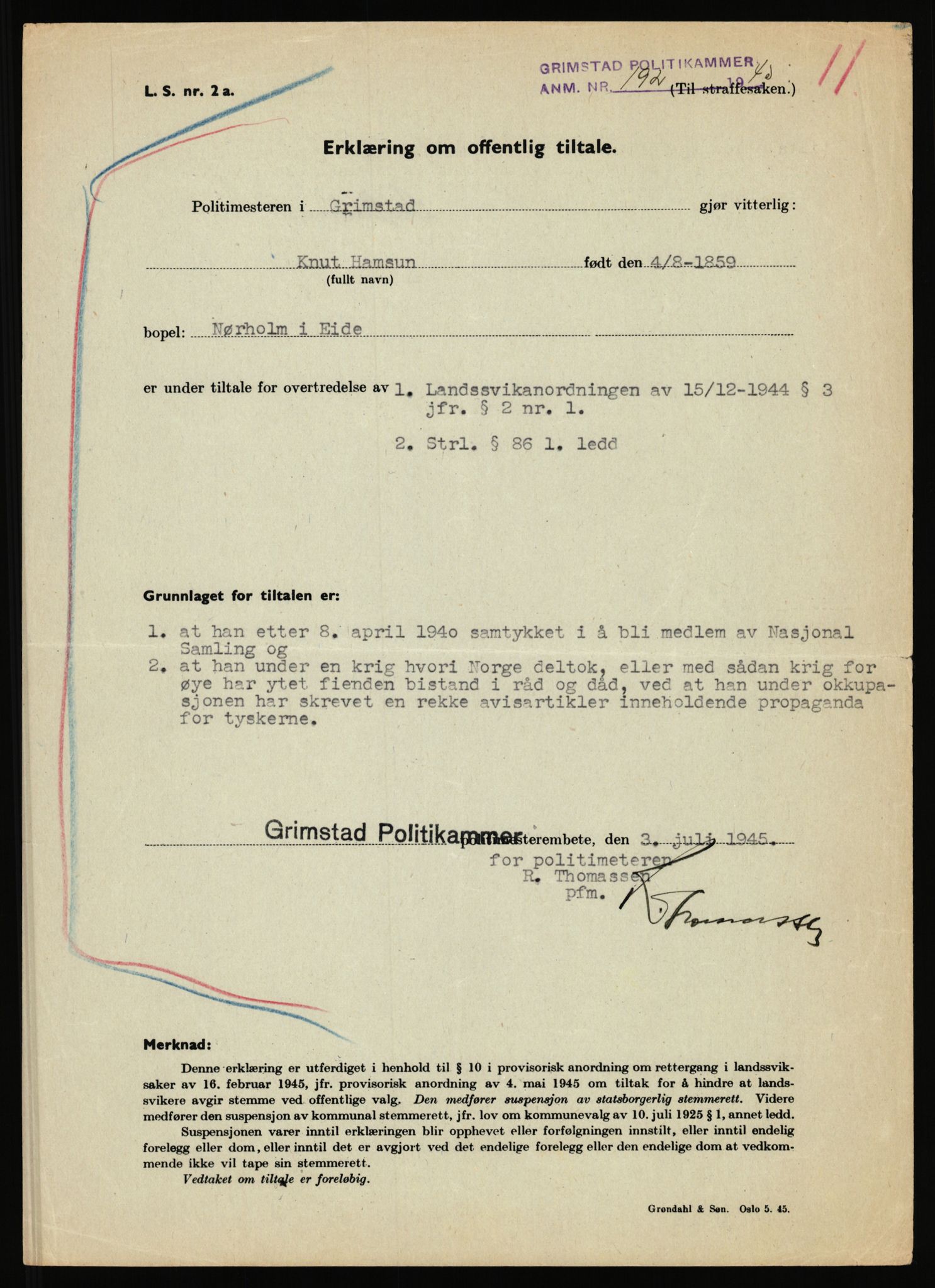 Landssvikarkivet, Arendal politikammer, RA/S-3138-25/D/Dc/L0029: Anr. 192/45, 1945-1951, s. 82