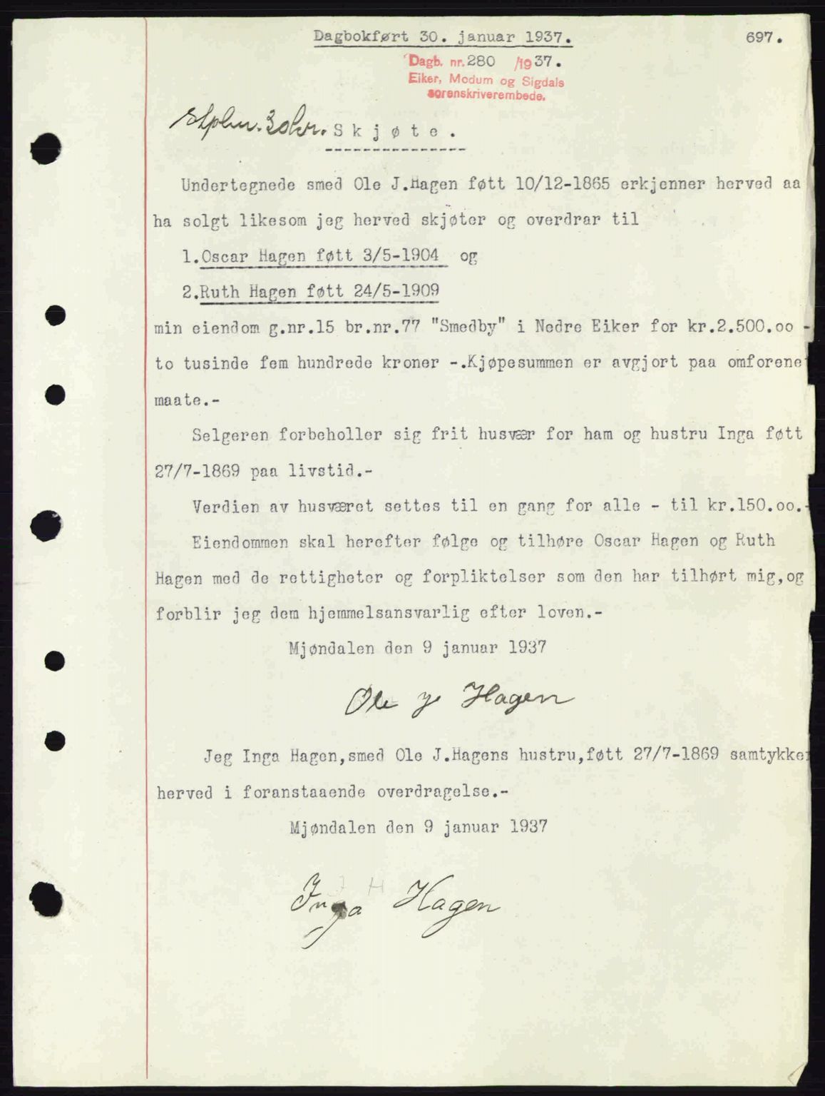 Eiker, Modum og Sigdal sorenskriveri, SAKO/A-123/G/Ga/Gab/L0034: Pantebok nr. A4, 1936-1937, Dagboknr: 280/1937