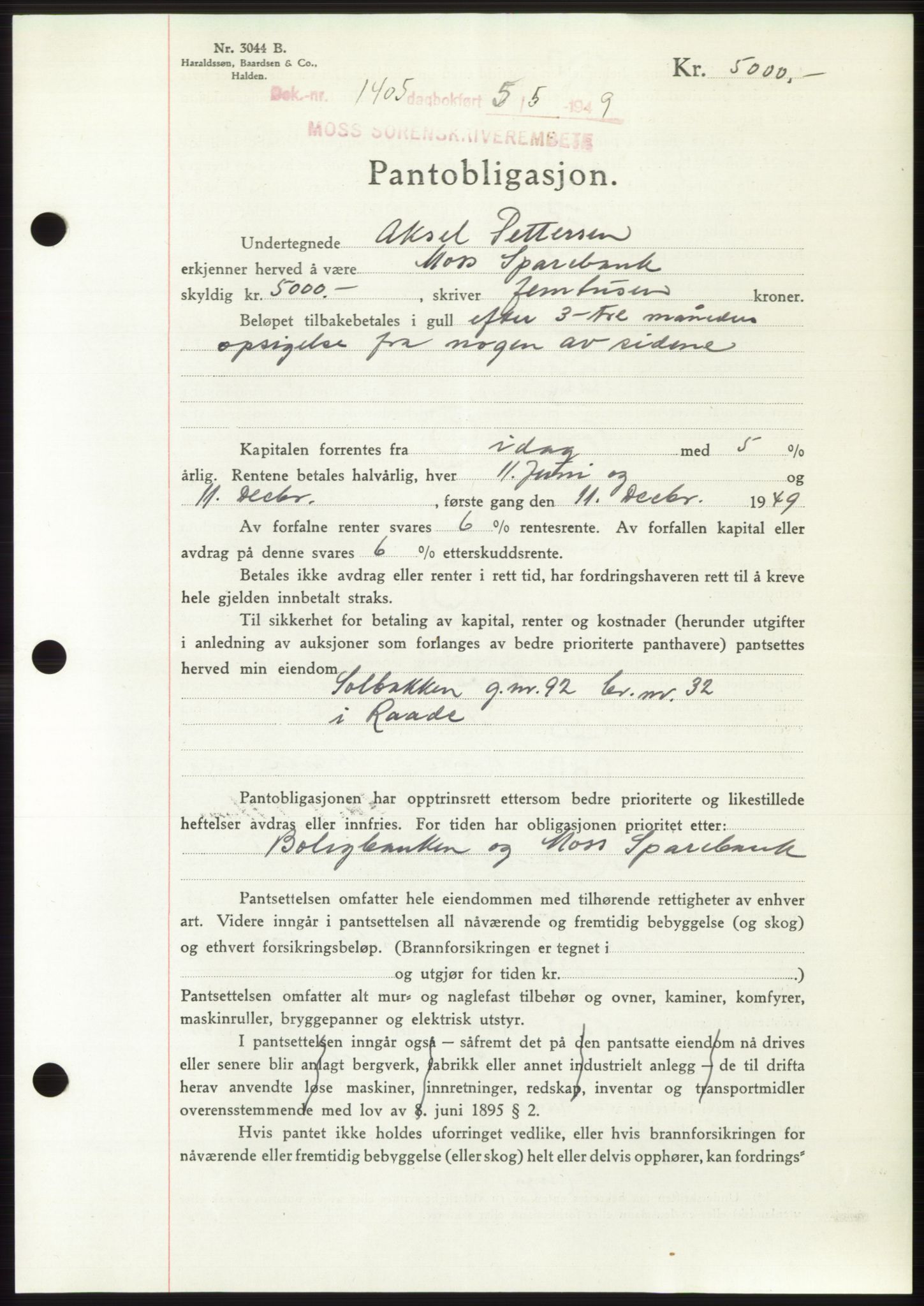 Moss sorenskriveri, SAO/A-10168: Pantebok nr. B21, 1949-1949, Dagboknr: 1405/1949