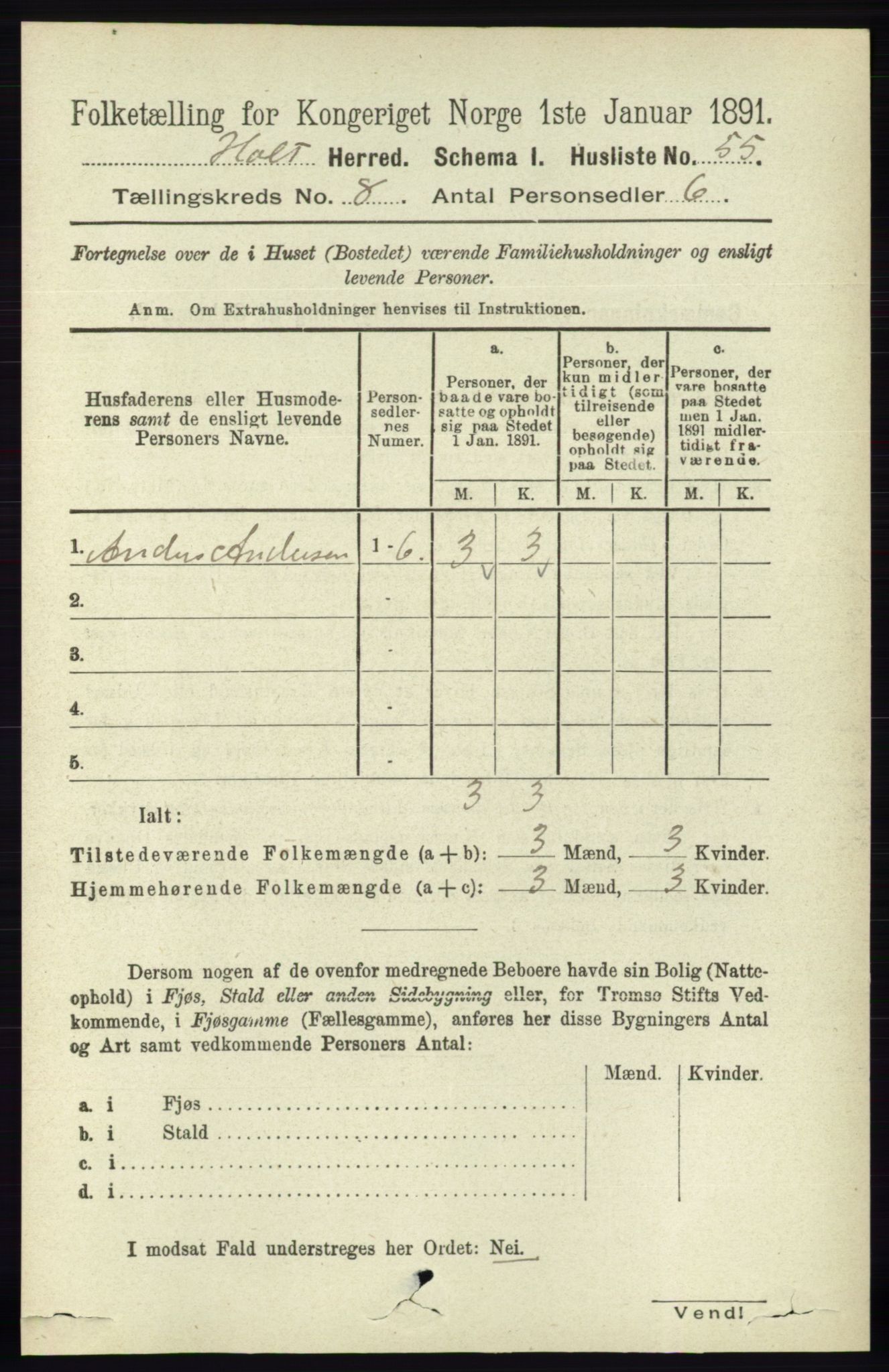 RA, Folketelling 1891 for 0914 Holt herred, 1891, s. 3523