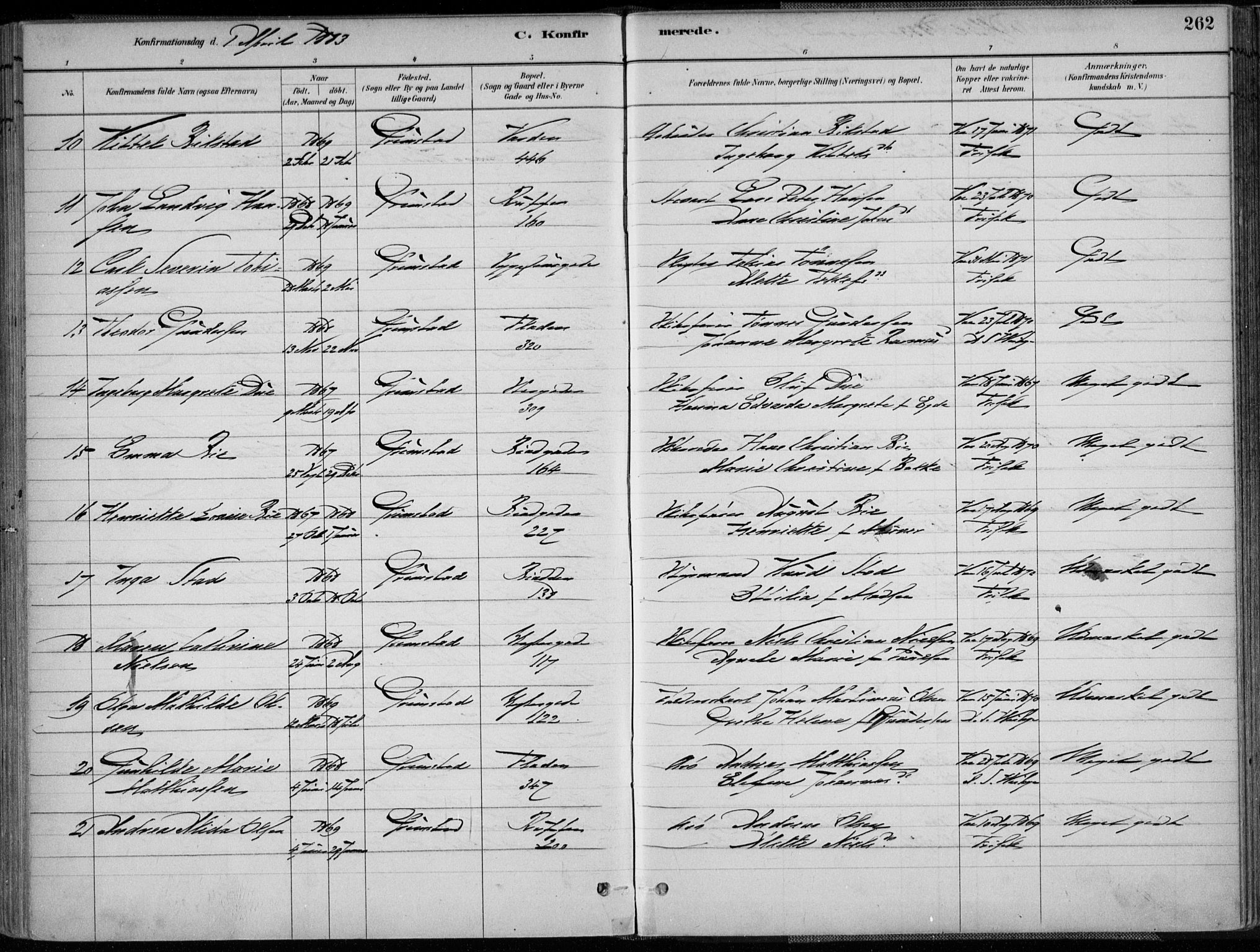 Grimstad sokneprestkontor, AV/SAK-1111-0017/F/Fa/L0003: Ministerialbok nr. A 2, 1882-1912, s. 262