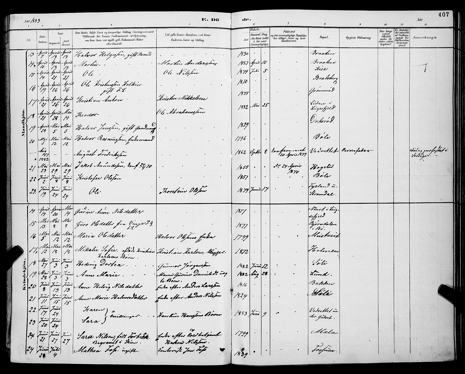 Gjerpen kirkebøker, AV/SAKO-A-265/G/Ga/L0002: Klokkerbok nr. I 2, 1883-1900, s. 407