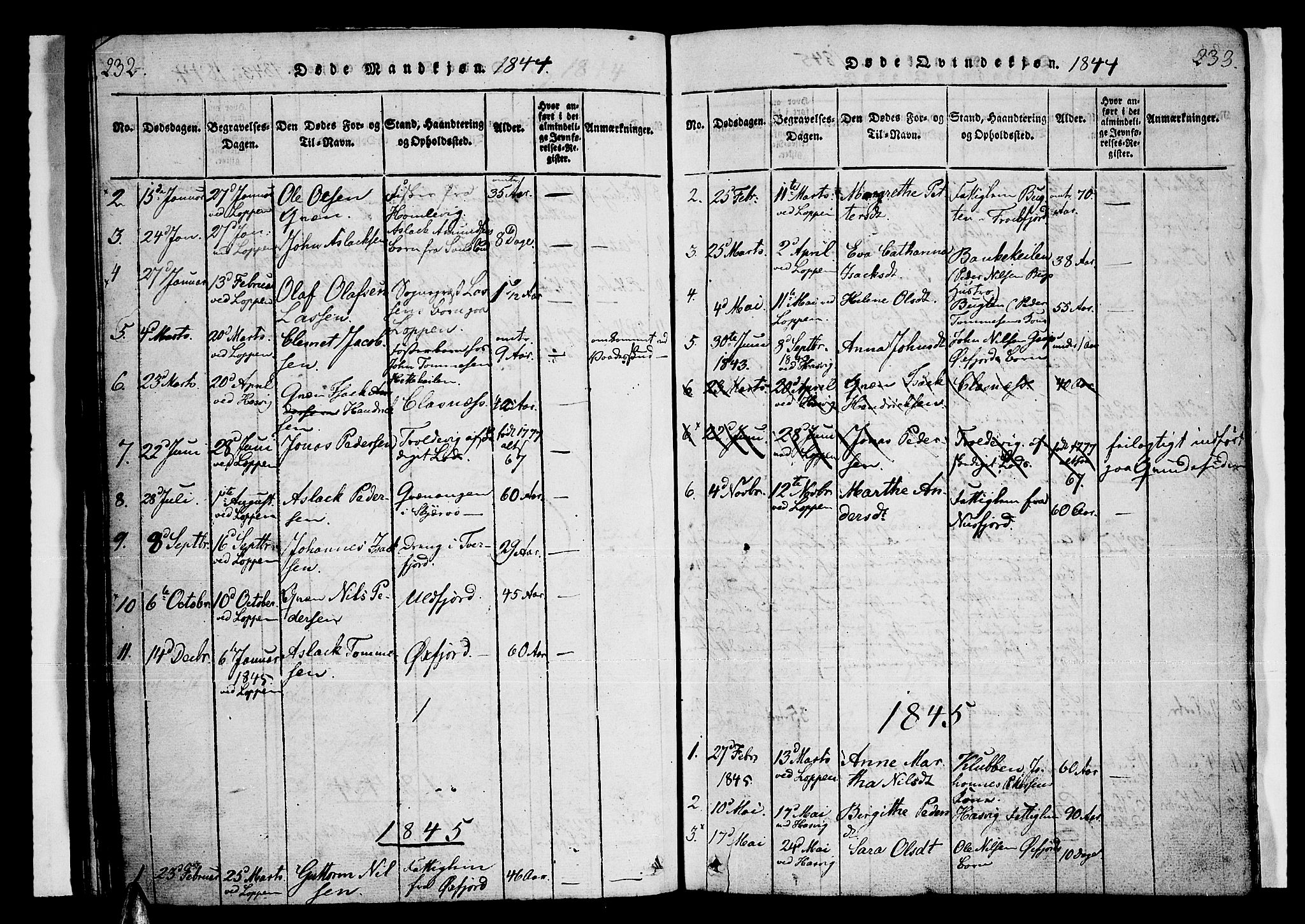 Loppa sokneprestkontor, AV/SATØ-S-1339/H/Ha/L0003kirke: Ministerialbok nr. 3, 1820-1848, s. 232-233