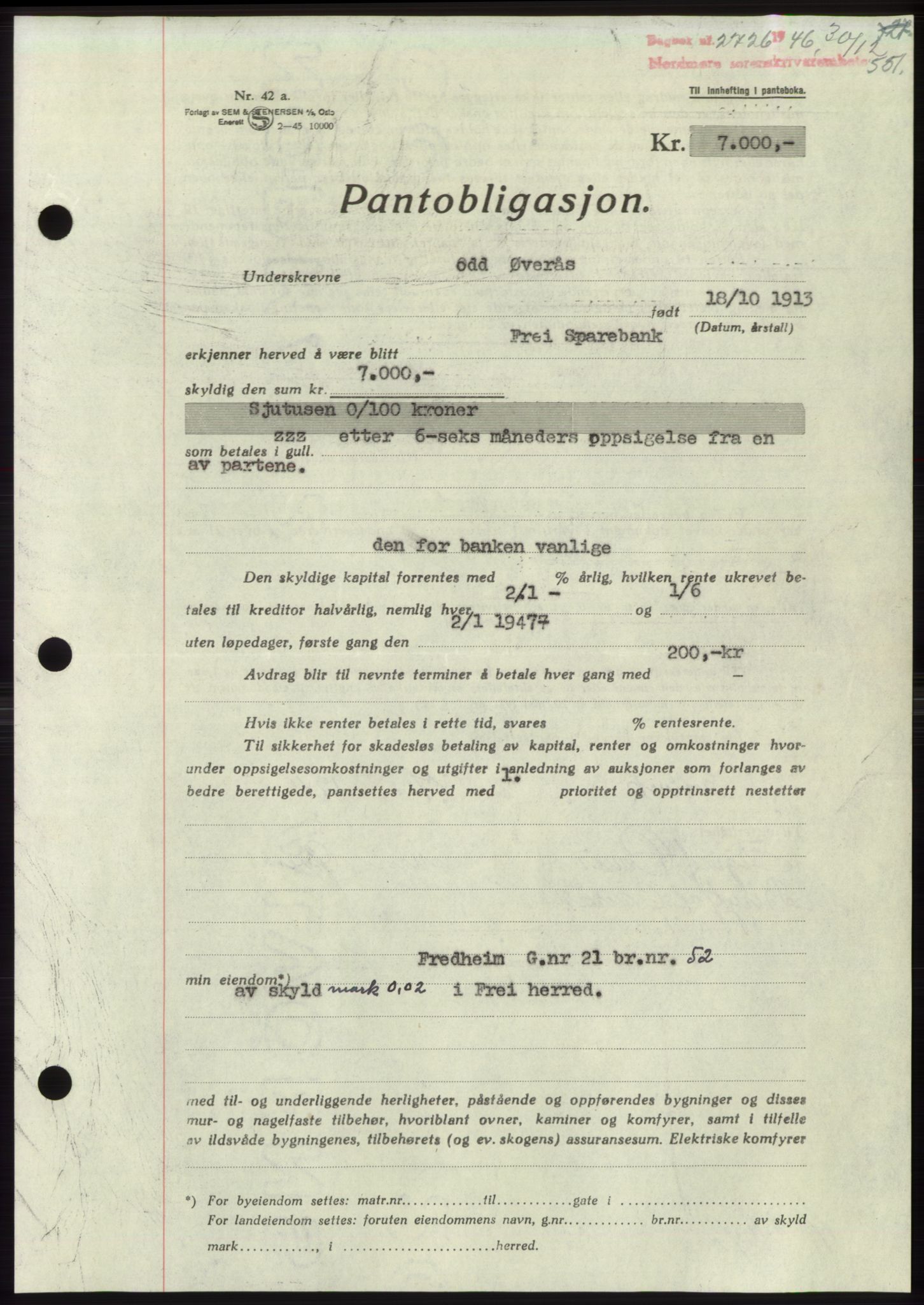 Nordmøre sorenskriveri, AV/SAT-A-4132/1/2/2Ca: Pantebok nr. B95, 1946-1947, Dagboknr: 2726/1946