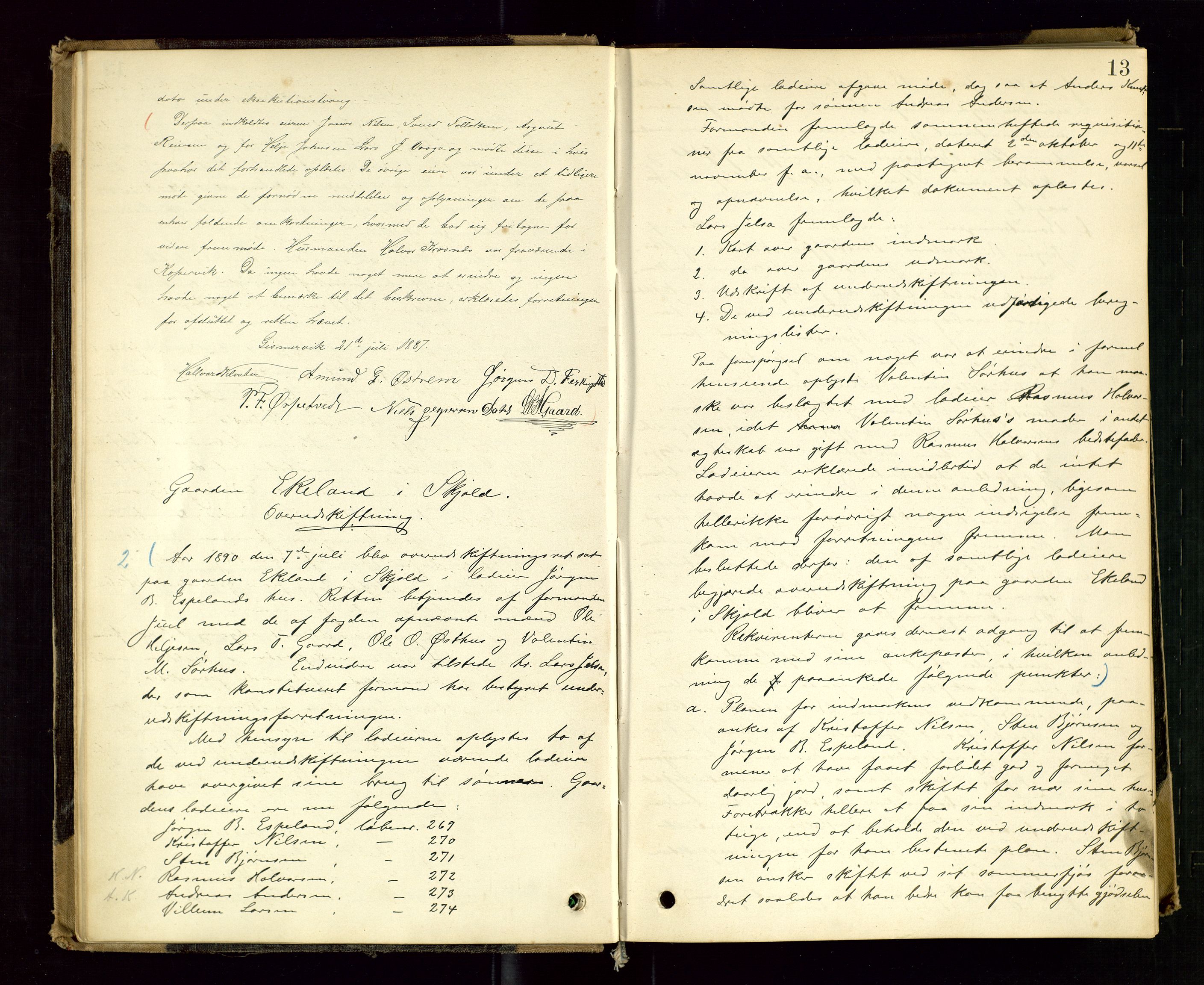 Rogaland jordskifterett, AV/SAST-A-102426/Oa/L0050: Forhandlingsprotokoll, 1884-1894, s. 13